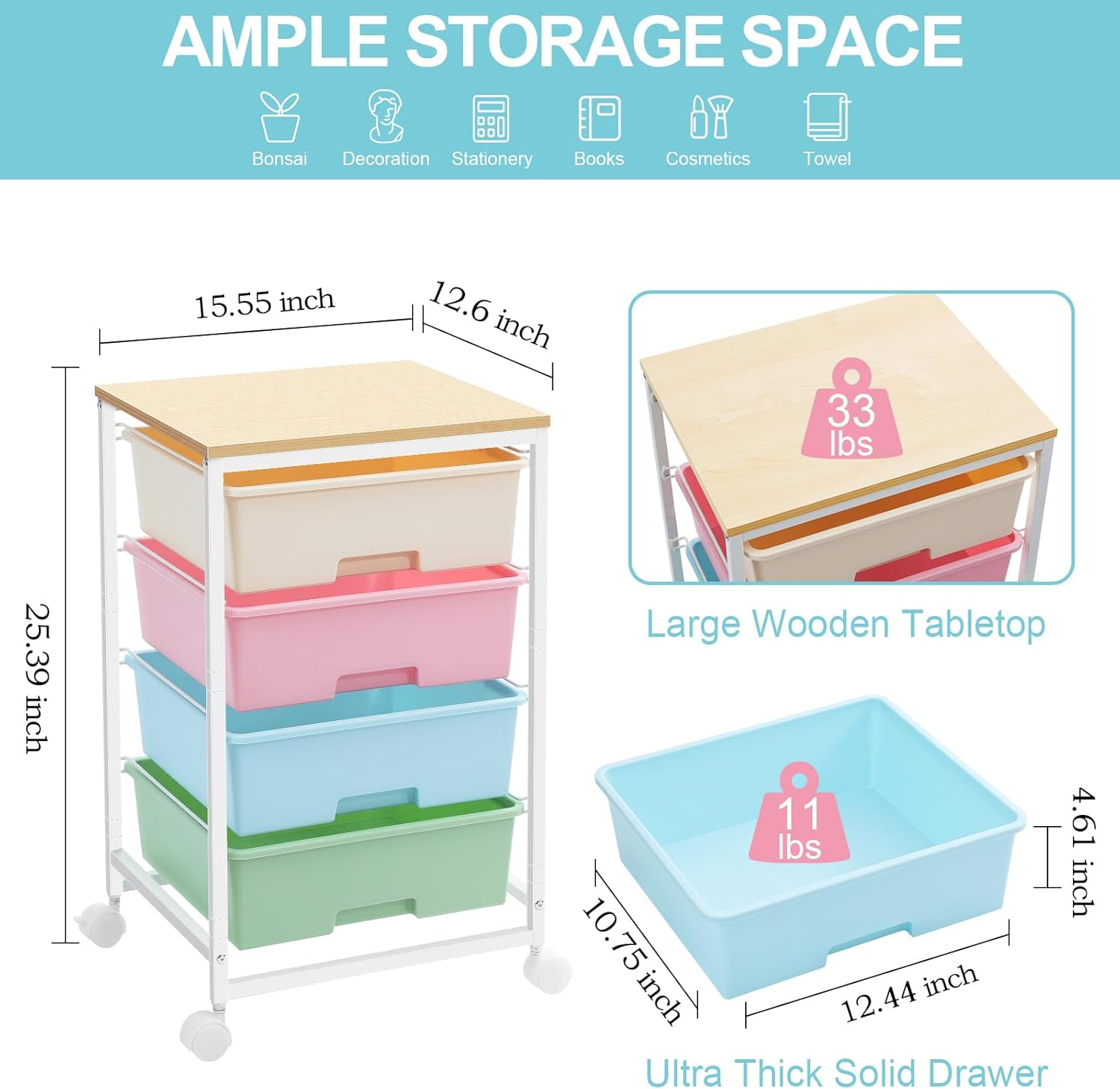 SYKIARIOL Utility Cart with 4 Drawers,Rolling Storage Cart with Drawers,Arts and Crafts Storage Cart with Wooden Tabletop for Bedroom,Kid's Room,Dorm,Classroom,Office,Colorful