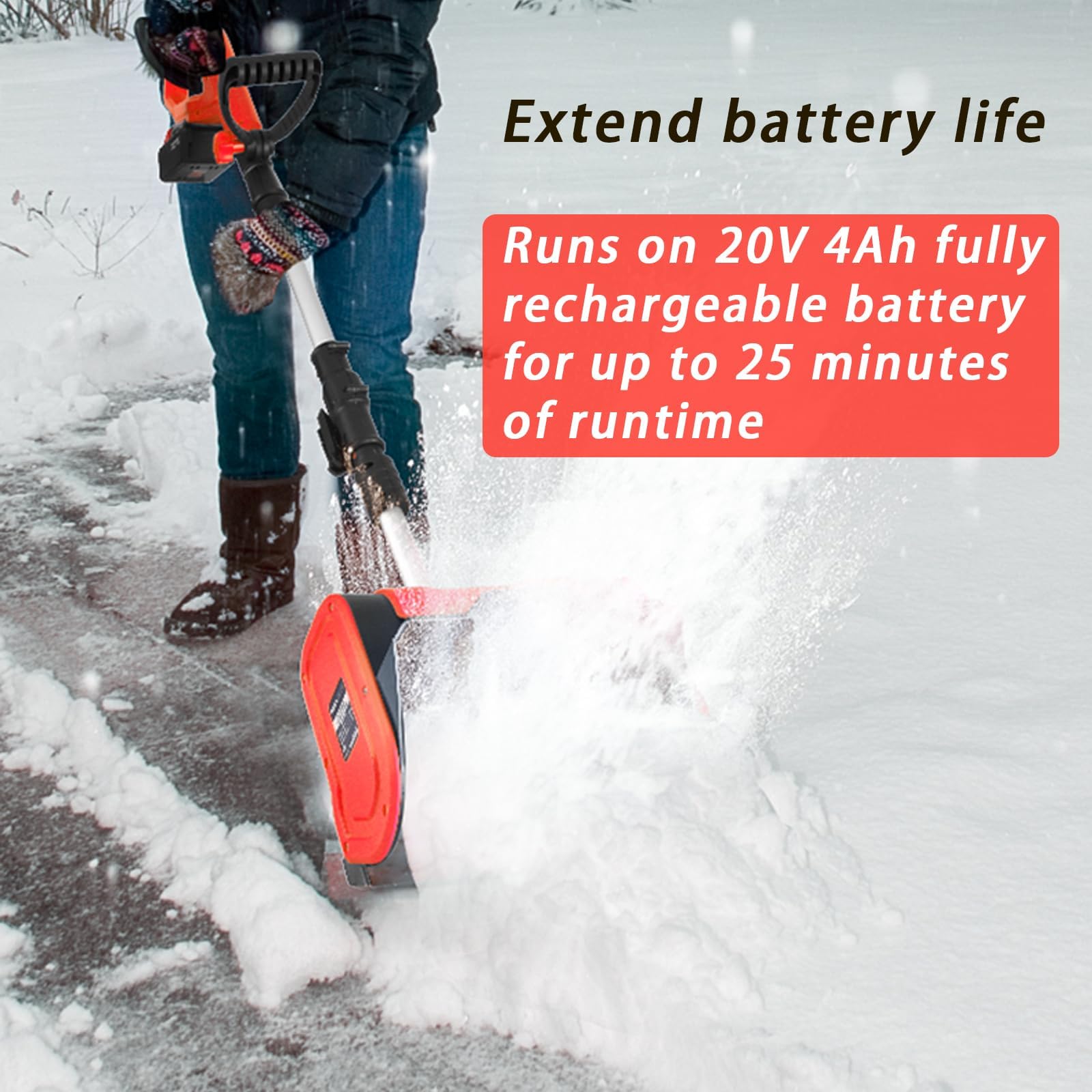 Pala da neve a batteria, Spazzaneve a batteria da 20 V 4 Ah, Spazzaneve a batteria con coperchio del vano batteria e impugnatura anteriore regolabile con batteria da 4 Ah e caricabatterie rapido