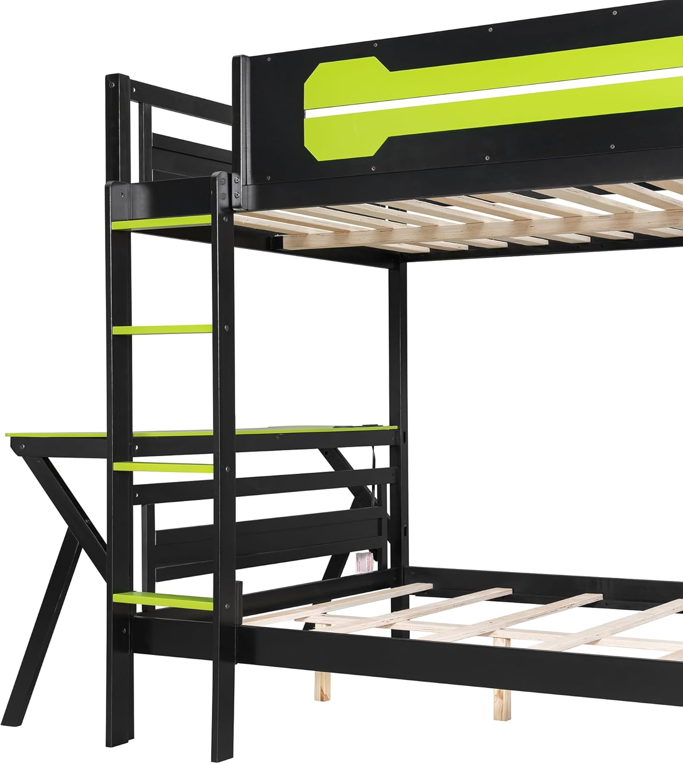 Polibi Full Over Full Bunk Bed with 2 Built-in Gaming Desks, USB Charging Ports & Pegboard Organizer, Heavy-Duty Gaming Bed Frame for Teens/Adults, Green (Full Size)
