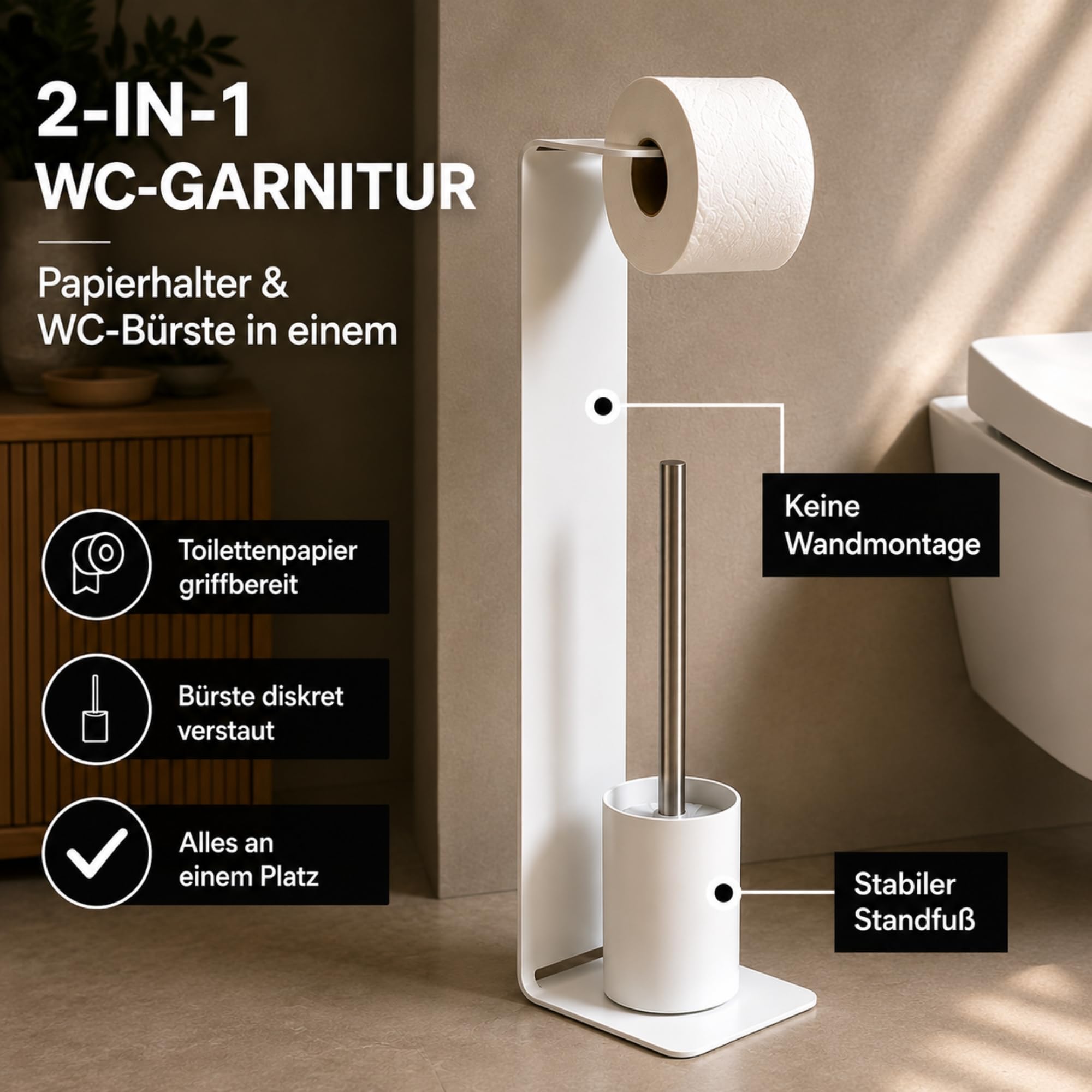 Radius PURORAGGIO WC-Garnitur freistehend – WC-Bürste mit Toilettenpapierhalter in einem – Moderne 2-in-1 Toilettengarnitur für Bad & Gäste-WC – Aluminium, U.F.P.C.-beschichtet (Weiß)