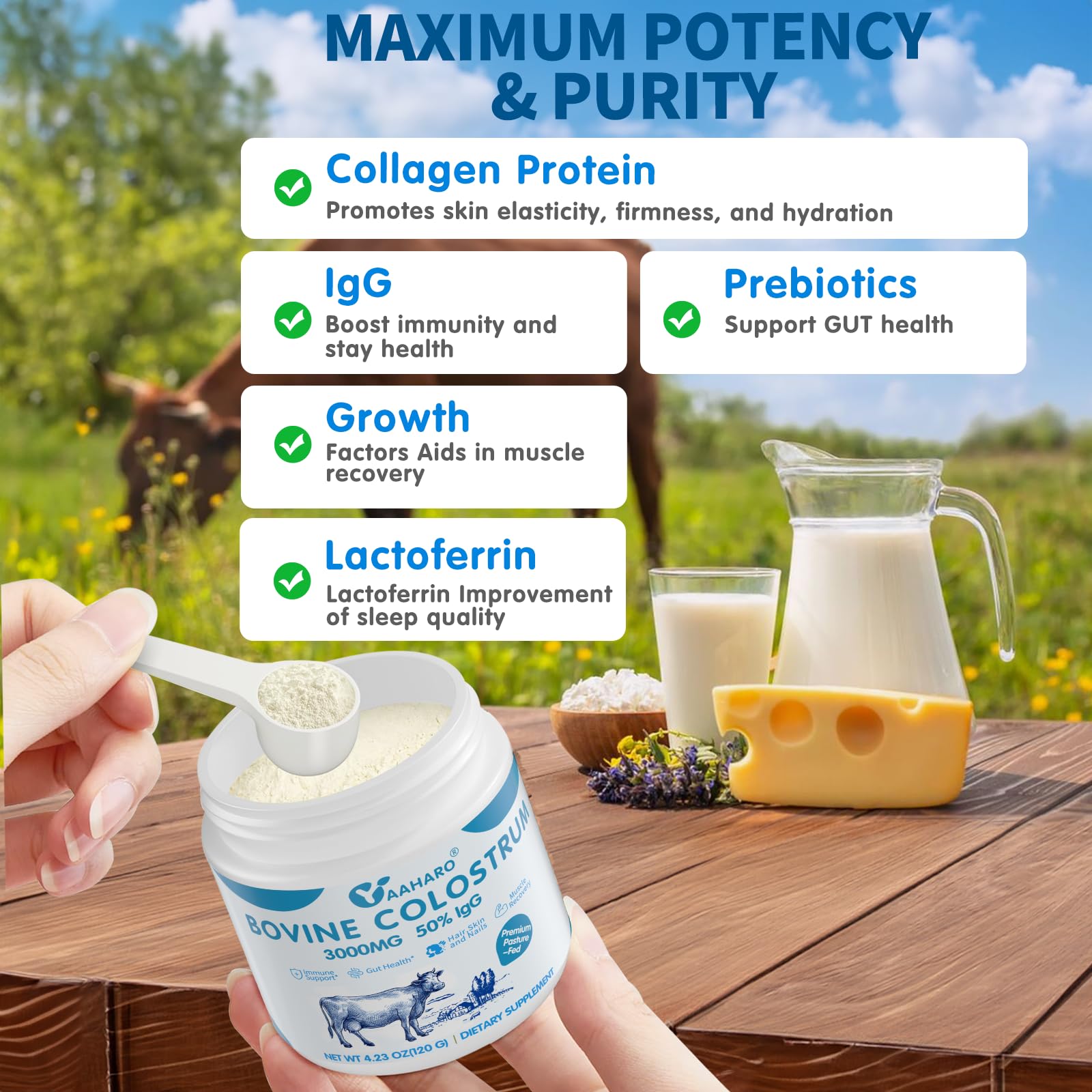 Bovine Colostrum Powder 2500mg, Collagen Peptides 500mg, 50% IgG Bovine