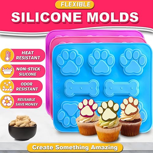 Miniatura 2 de 3 moldes de silicona de pata de cachorro y hueso, molde antiadherente para dulces, bandejas reutilizables para cubitos de hielo para perros