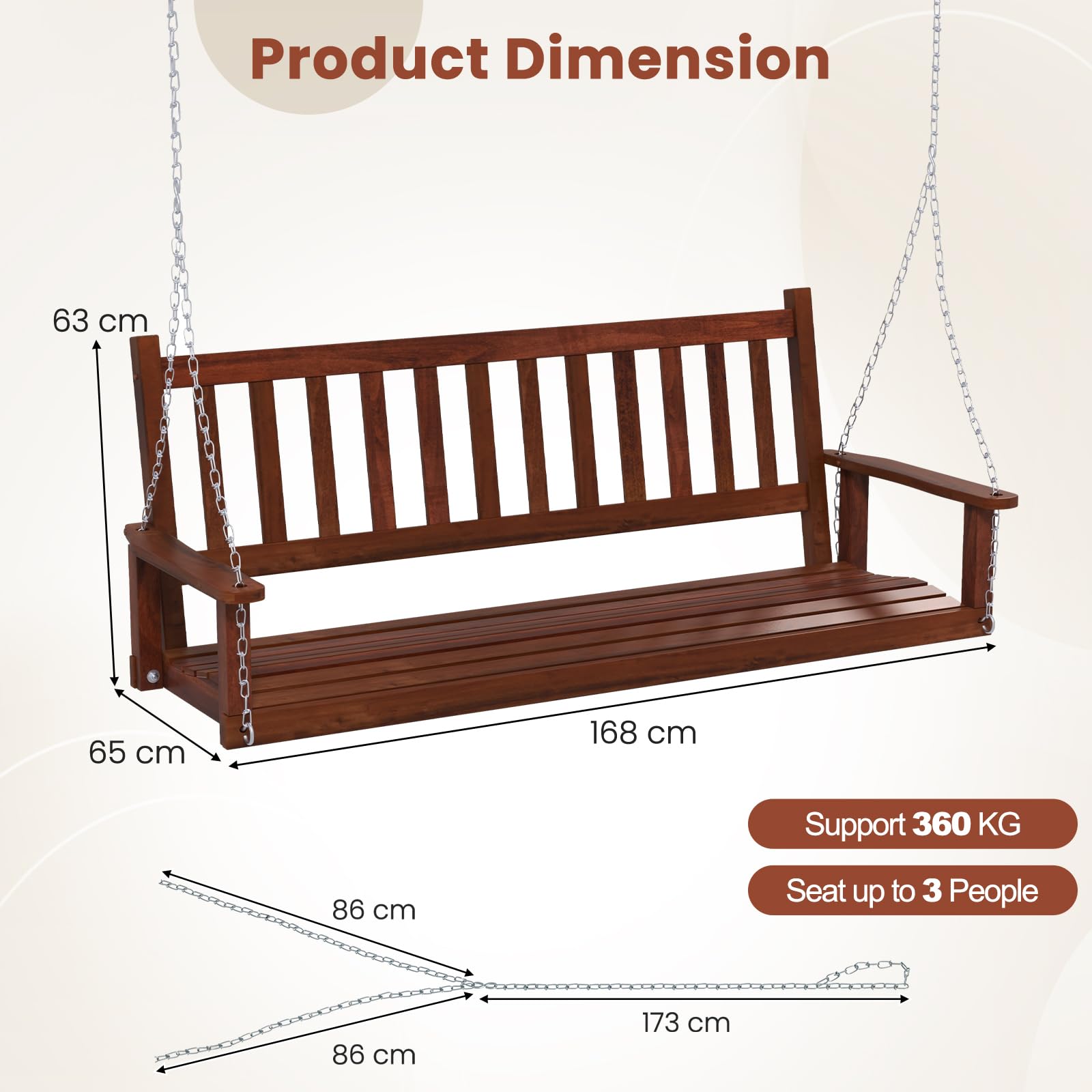 KOMFOTTEU Banc Suspendu 2-3 Places Balançoire Jardin Bois Massif Fauteuil Suspendu Charge 230/360 kg 168x65x63 cm Marron