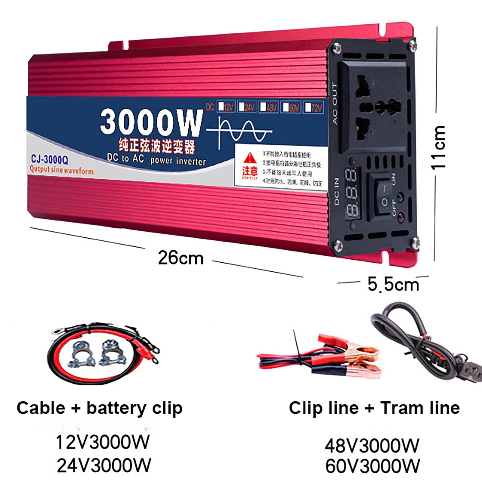 Inversor De Onda Sinusoidal Pura (1600W-8000W), Inversor Para Coche De 12V/24V/48V/60V A 220V, Con Tomas Universales De 1/2 Y Pantalla De Voltaje, Para Autocaravanas, Camiones, Coches,3000W-12V
