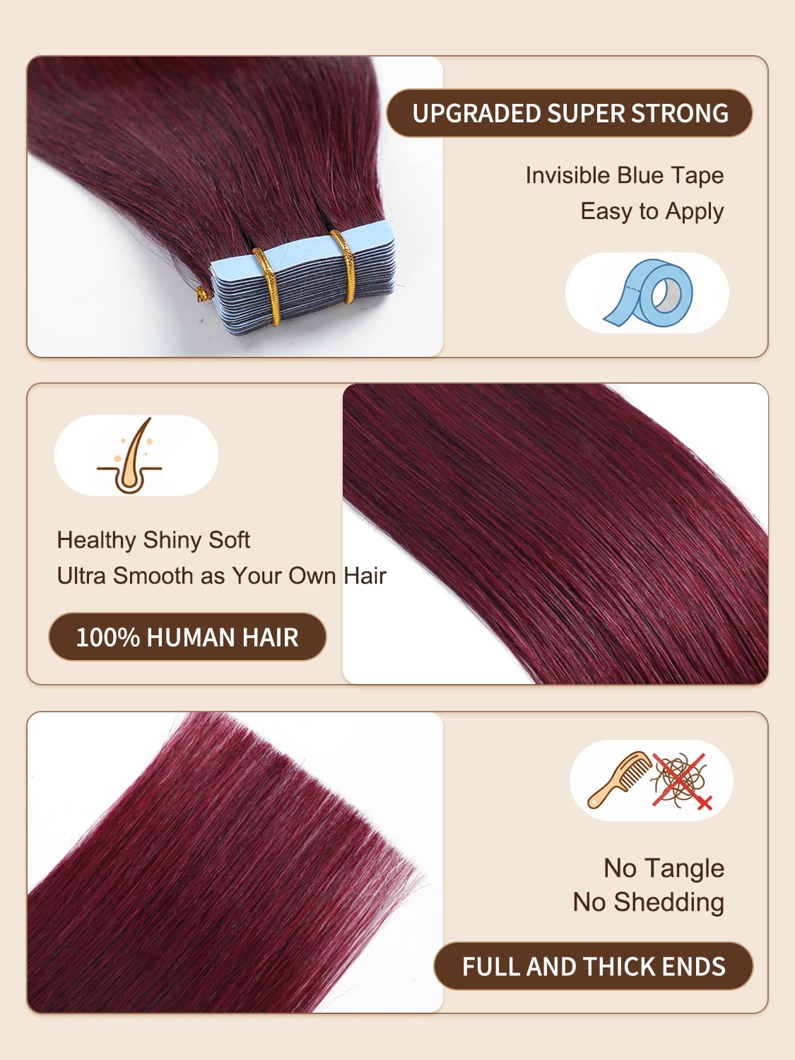 YILITE Red Tape in Hair Extensions Human Hair,18inch 50g 20Pcs #99J 100% Remy Human Hair,Seamless Skin Weft Burgundy Tape ins