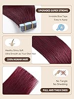 Vista 2 de YILITE - Extensiones de cabello humano con cinta adhesiva roja, 20 pulgadas, 50g, 20 piezas, #99J burdeos, cinta adhesiva para extensiones
