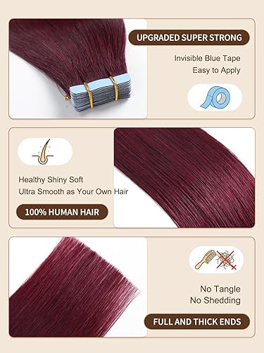 Miniatura 2 de YILITE - Extensiones de cabello humano con cinta adhesiva roja, 20 pulgadas, 50g, 20 piezas, #99J burdeos, cinta adhesiva para extensiones