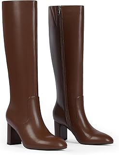 Knee High Boots Women Faux Leather Boots Chunky High Heel Round Toe Side...