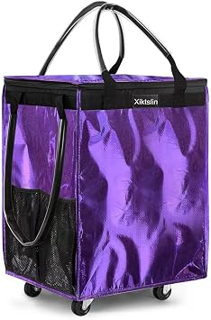 Medium, Purple Reusable Grocery Bag on 4 Wheels, Foldable Rolling Tote | Carries Up to 66lb Shopping Trolley, Rolling Bag with 3 Handles, Zipper Clouser Rolling Tote Bag with Wheels for Laundry