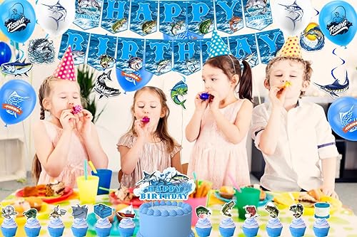 Miniatura 7 de Decoraciones de fiesta de pesca Gone Fishing suministros de fiesta de cumpleaños, incluye pancarta de pesca de feliz cumpleaños, decoración de