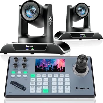 Tenveo PTZ Camera and Controller Bundle/Kits - 20X NDI AI Auto-Tracking PTZ Camera2pcs with HDMI/USB3.0/LANPoE and NDI PTZ Controller Joystick Controller for Church Worship Service Live Streaming