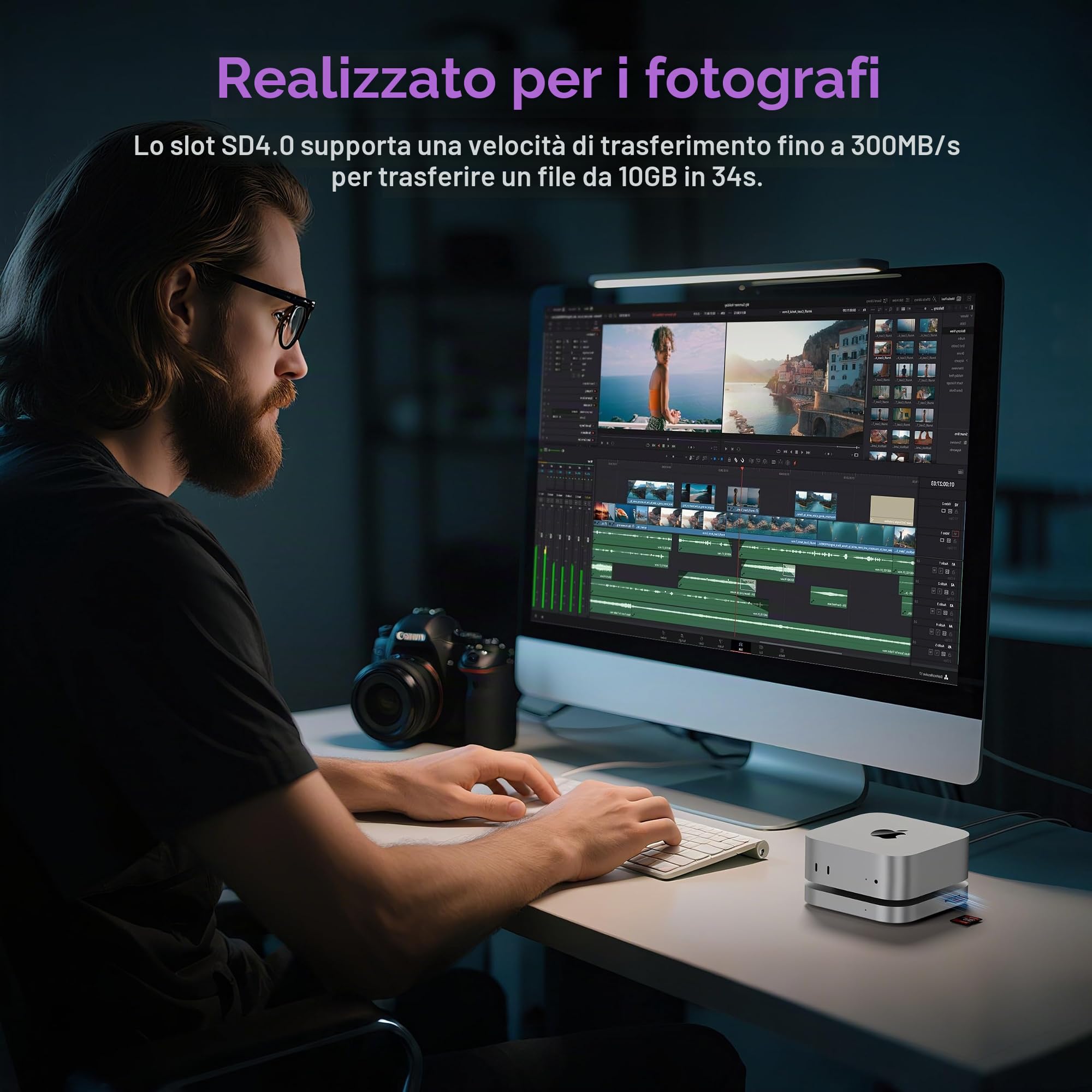 Mac mini M4 Dock, Beelink Mate Mini-A 80Gbps Docking Station, 2* M.2 PCIex2 SSD Slot, espansione max 16TB, slot per schede SD4.0, 2.5G LAN, 15W USB C PD3.0 Port, 2* USB A 10Gbps, 3.5mm Audio