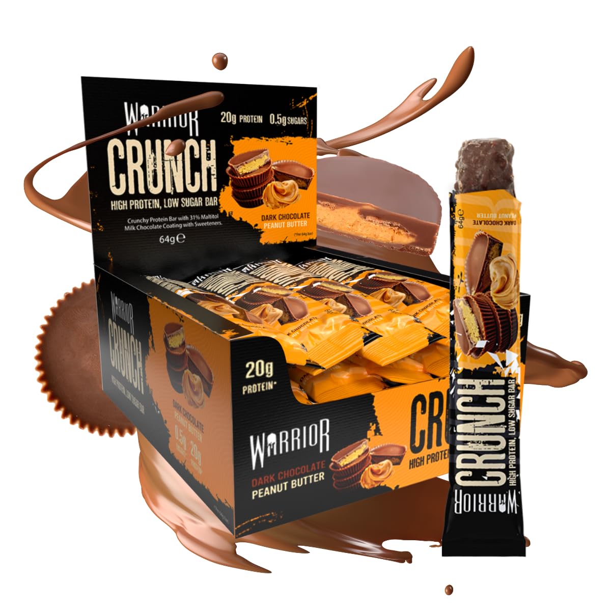 Warrior HIGH PROTEIN BARS (20g Protein each) - Low Carb, Low Sugar - Pack of 12 Caramel Crispy Crunch Bars - Dark Chocolate & Peanut Butter