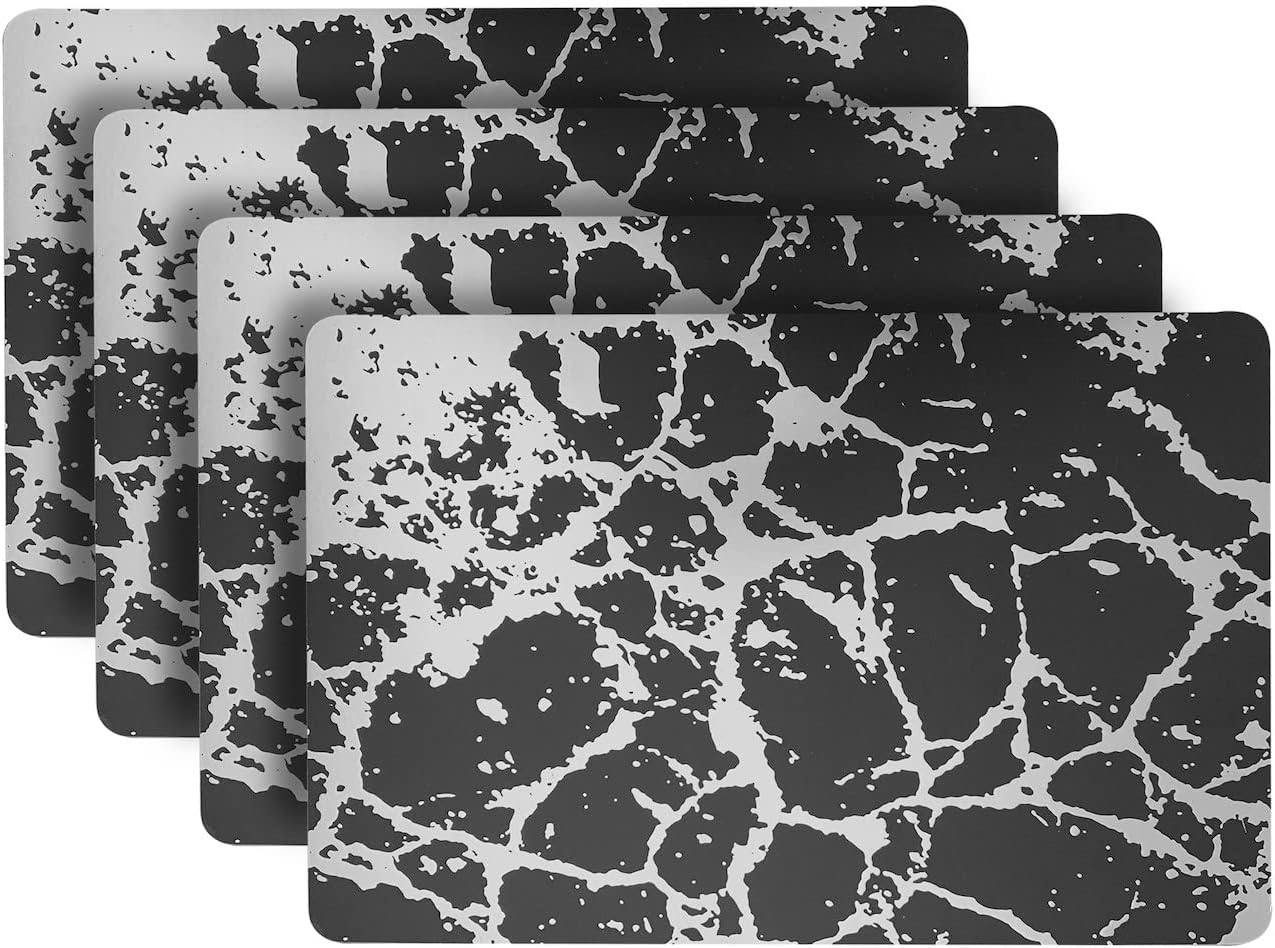 Dainty Home Placemats Dining Table Place Mats, Kitchen Mat Decor for Washable Heat Resistant Non Slip Set of 4 Marble Rectangle 12 X 18 in Black Silver, 4MC1218BKSI