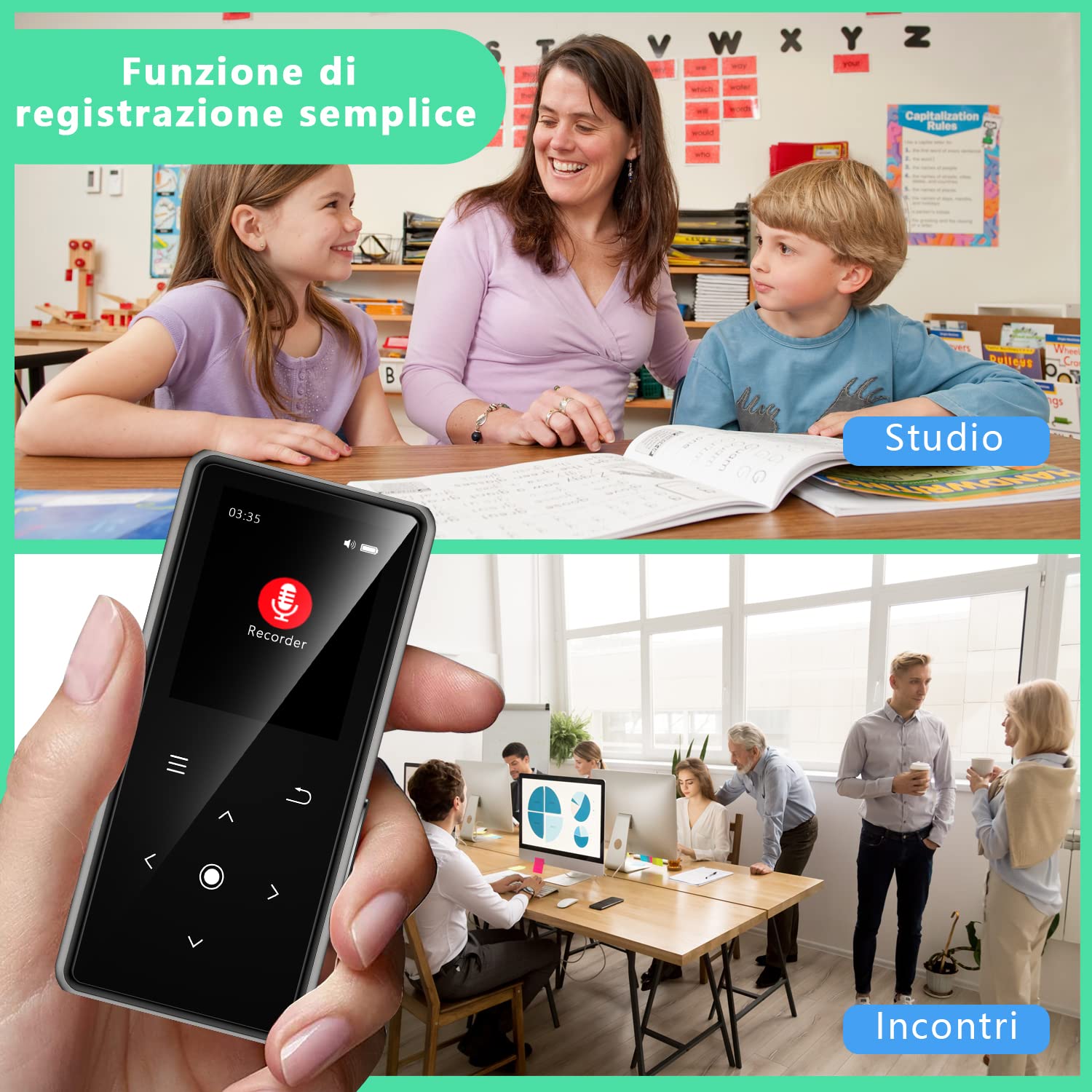 64GB Lettore MP3 con Bluetooth 5.2, AiMoonsa Lettore Musicale con Altoparlante HD Integrato, radio FM, Registratore Vocale, Suono HiFi, Peso 0,15 lb, Funzione E-book, Auricolari Inclusi