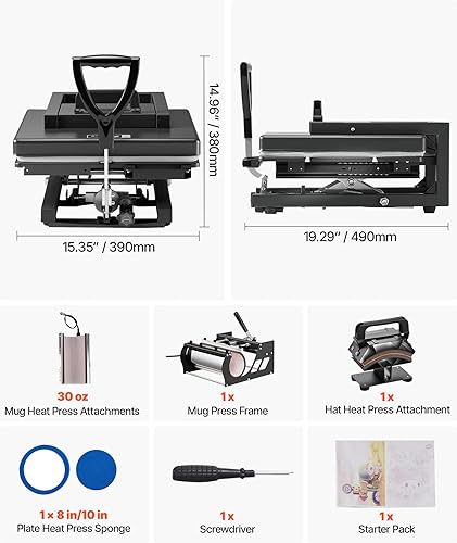 Vista 57 de VEVOR Máquina de prensa de calor 2 en 1 para camisetas y sombreros, máquina de prensa digital profesional de camisetas de 15 x 15 pulgadas