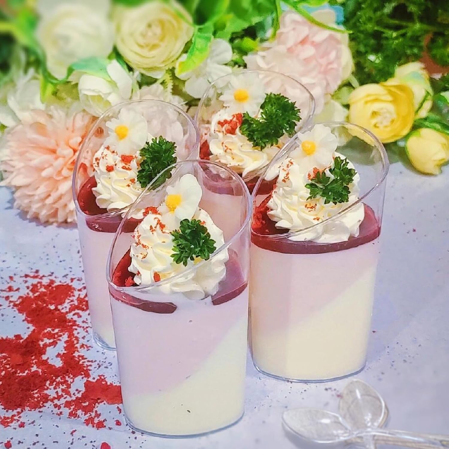 50 Pack Plastic Dessert Cups with Spoons, 3 oz Clear Mini Parfait Appetizer Cups, Reusable Slanted Triangle Shooter Serving bowls for Tasting, Small Dessert Shot Glasses - Image 2