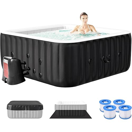 Inflatable Hot Tub, 240 Gal Large Square Portable Blow Up Hot Tub, 4-6 Person Leak-Proof PVC Outdoor Spa with 120 Air Jets, Heater Pump and Insulated Cover, 73x25 Inch