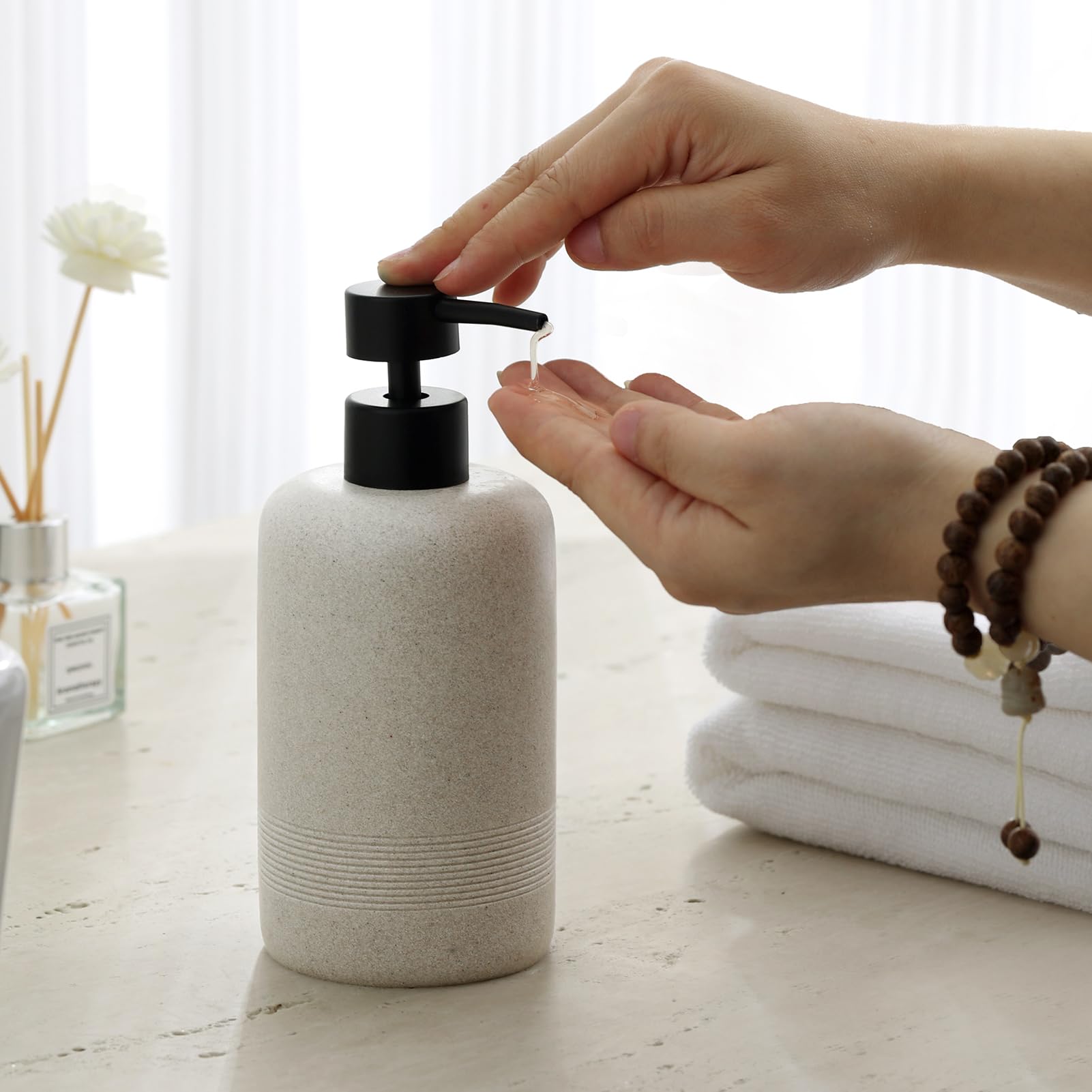 Haocoott Soap Dispensers 400ML 13OZ, 2 PCS Hand Dish Lotion Shampoo Lotion Soap Dispenser Jar, Resin Premium Thick Soap Pump Bottles for Kitchen Bathroom Countertop (Beige)