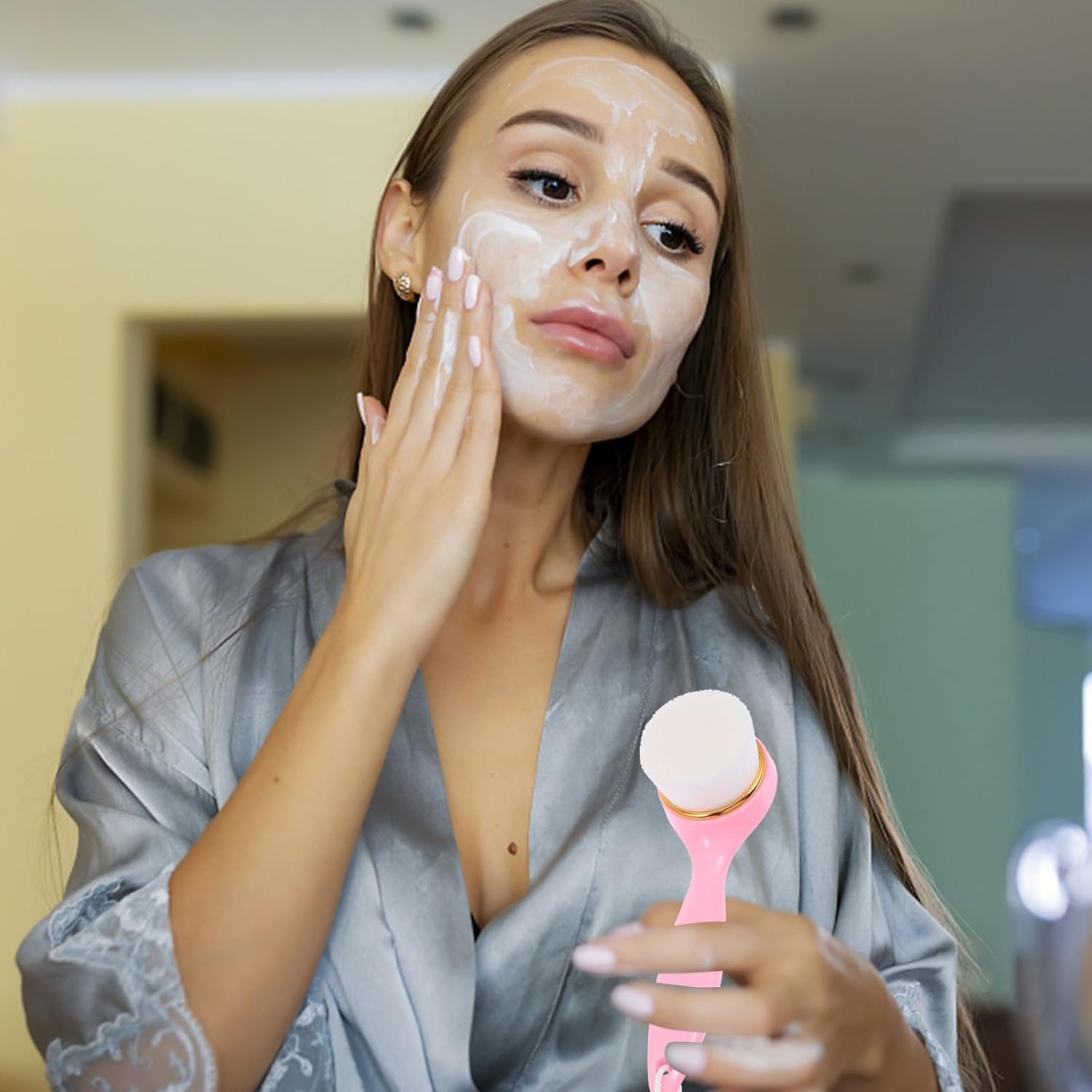 Facial Cleansing Brush Manual Face Washing Scrubber Soft Bristles Deep Pore Exfoliator Skin Care Tool for Women Pink