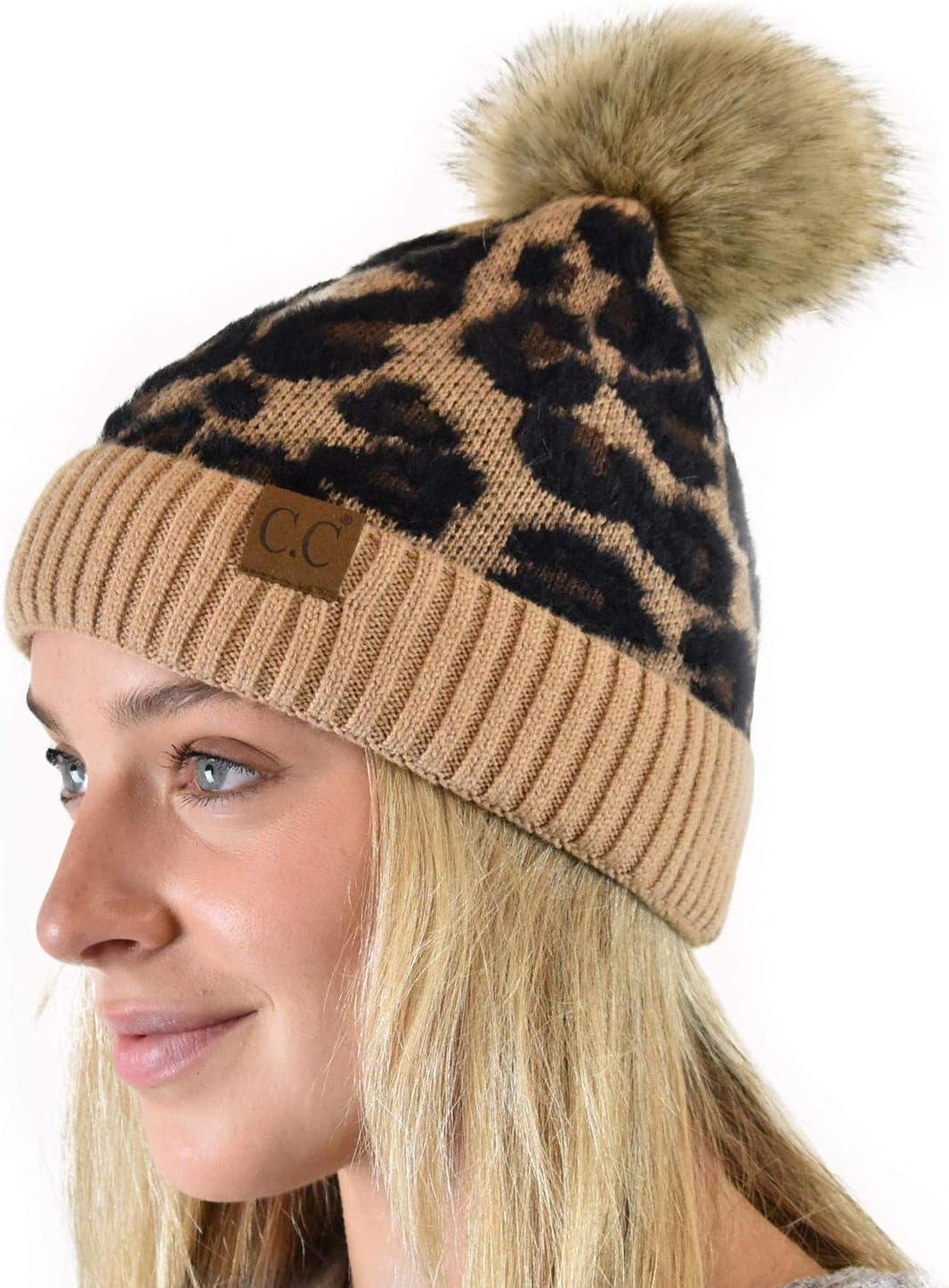 C.C Animal Print Soft Warm Knit Cuff Faux Fur Pom Beanie