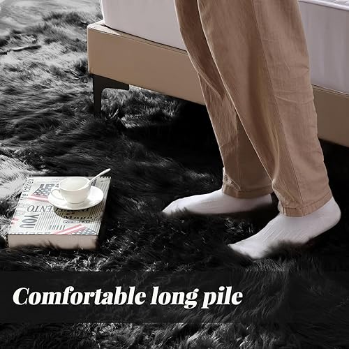 Miniatura 3 de ORINOVA Alfombra redonda de piel de oveja sintética para dormitorio, alfombra redonda de piel de oveja sintética de 3 pies, color negro