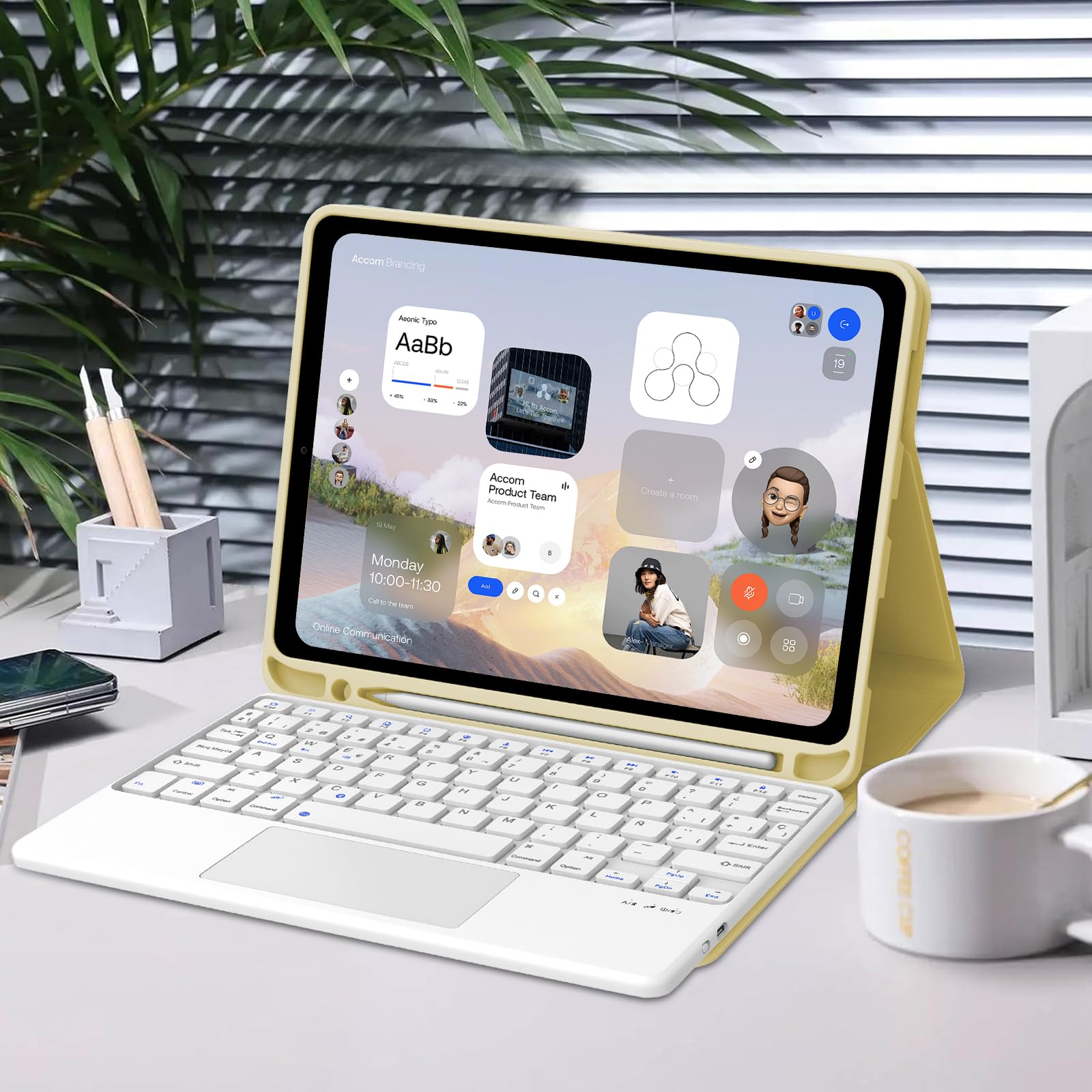 Funda Teclado para iPad A16 11 Generación 2025/10 Gen 2022 11/10.9 Pulgadas | Keyboard Touchpad, QWERTY Español Ñ, Bluetooth Magnético Desmontable Teclado Trackpad con Portalápices, Amarillo claro