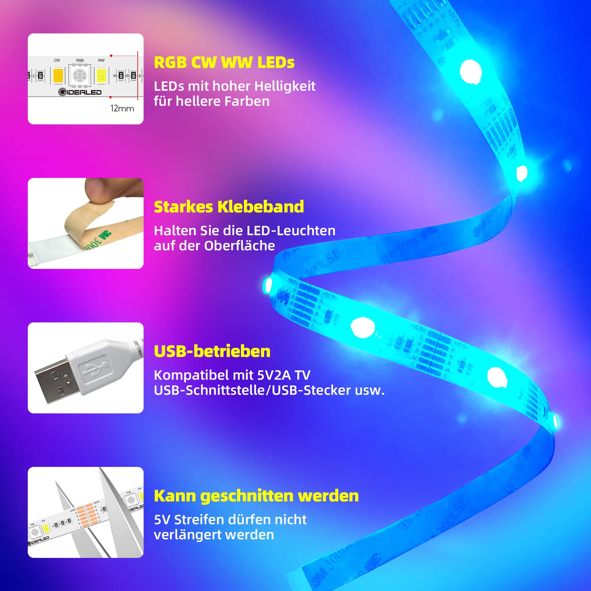 Dimbare Ledstrip 5V 4000K met Schakelaar - 320 LED/m voor Doe-Het-Zelf