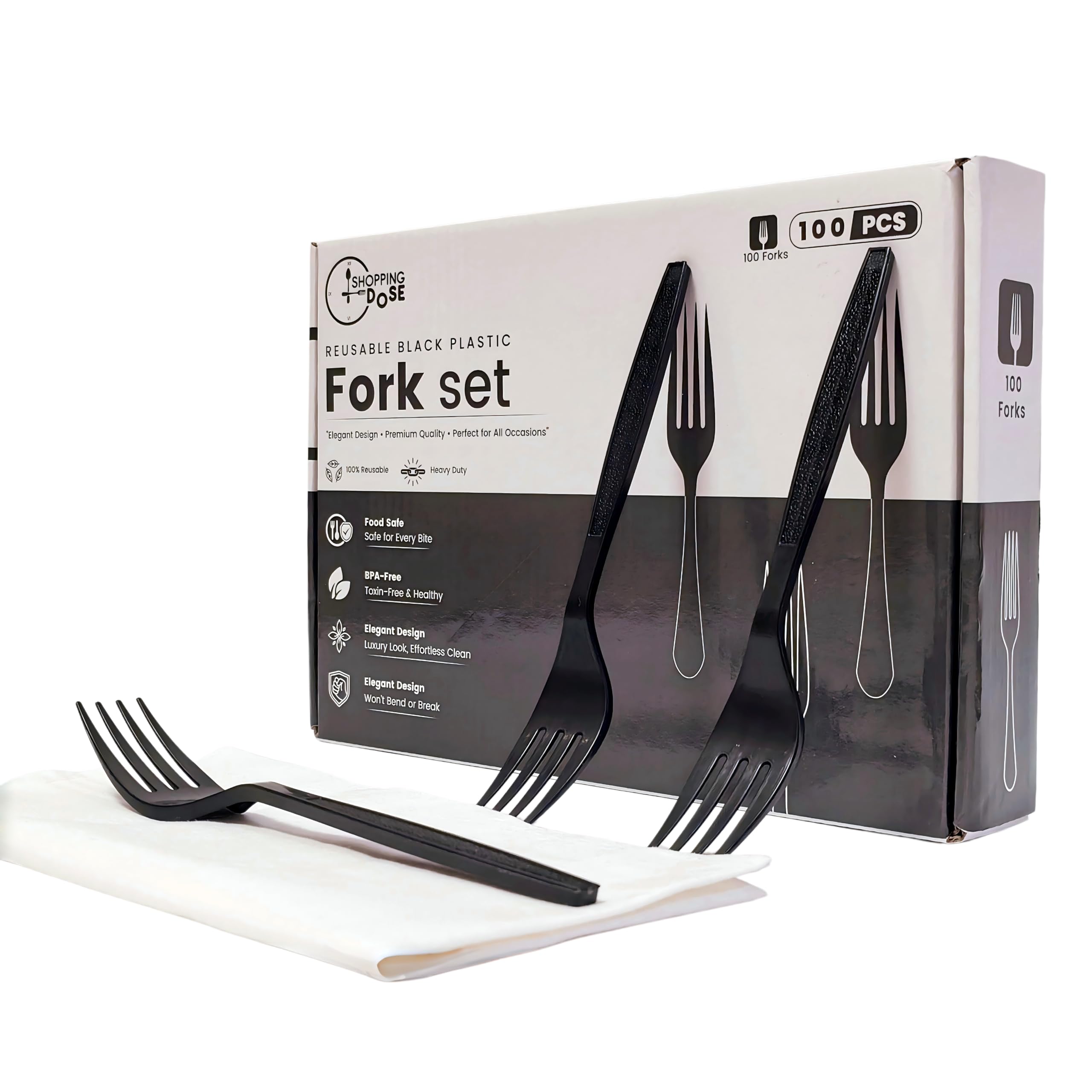 Heavy Duty Reusable Black Plastic Cutlery Set 100 Forks