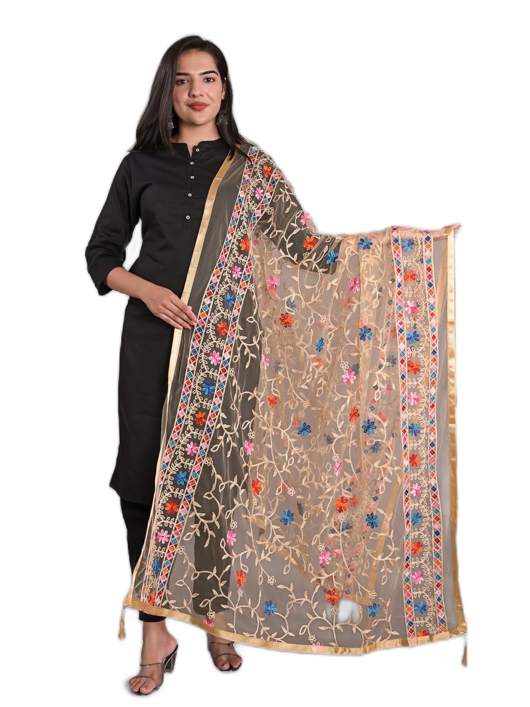 Women’s/Girls Stylish Tradition Net Embroidery Flower Print Dupatta-02