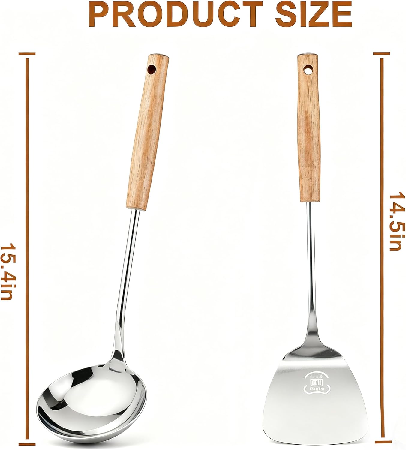 Spatula and Ladle - Set of 2 Wok Tools, Stainless Steel Wok Spatula & Soup Ladle Set with Beech Wood Grain Handle, Polished Heat-Resistant Cooking Utensils Set for Scooping, Flipping - Image 4