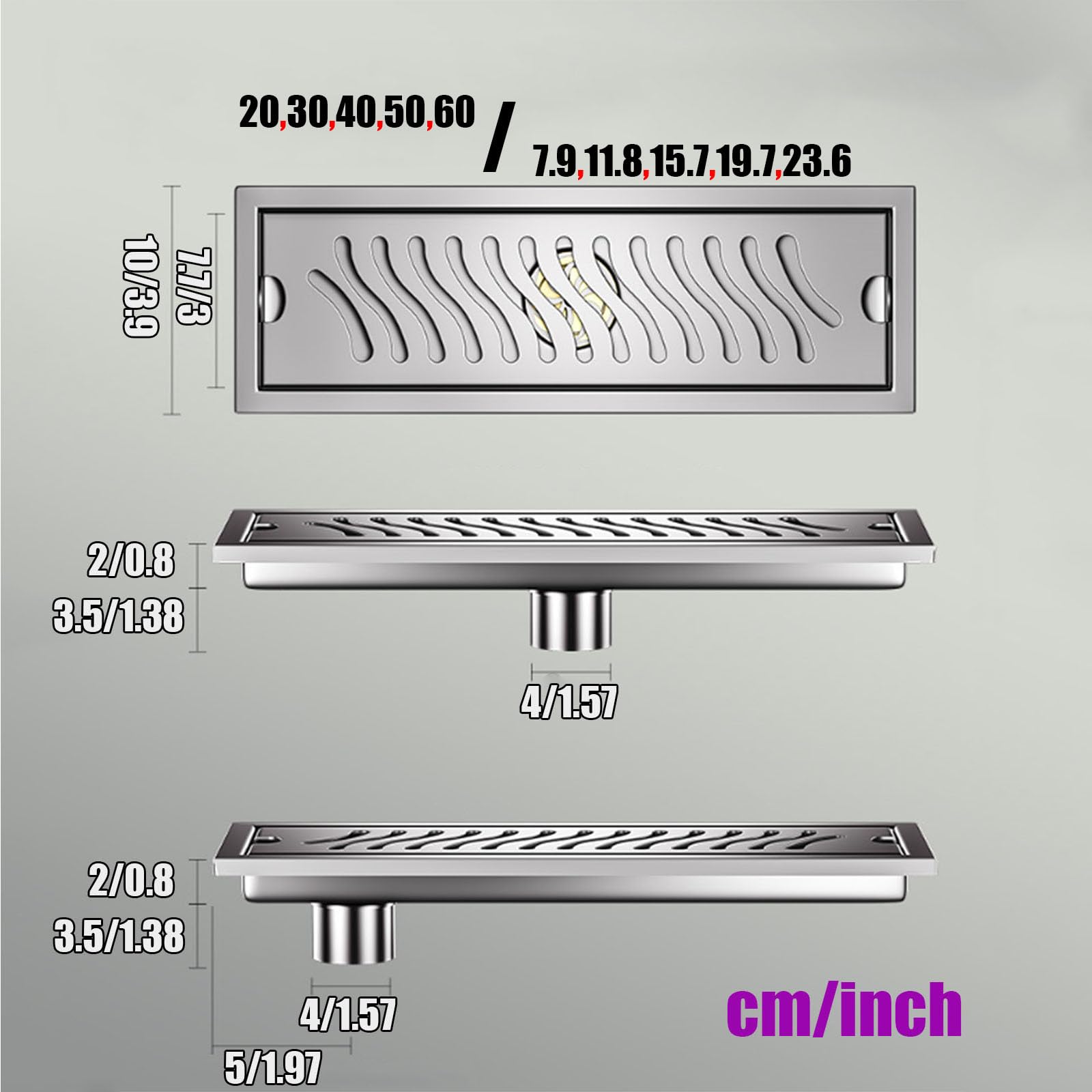 Liniowy odpływ prysznicowy z filtrem, prostokątny odpływ podłogowy prysznicowy, liniowy odpływ ze stali nierdzewnej z wyjmowaną kratką/boczny Draine/10 x 30 cm