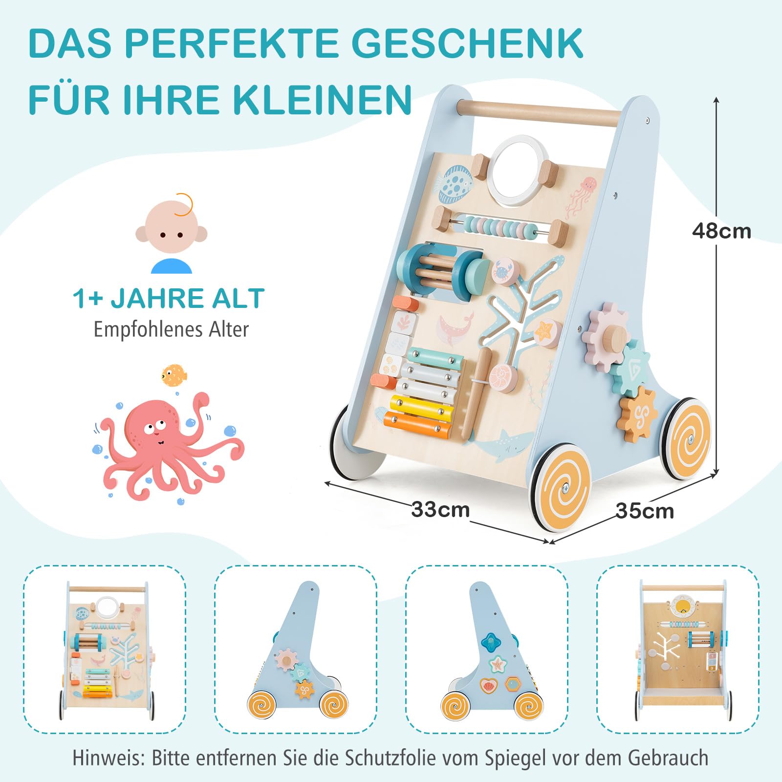 COSTWAY Lauflernwagen Holz, Baby Lauflernhilfe zum Schieben und Ziehen, Montessori Laufspielzeug mit Rädern, Laufwagen für Jungen und Mädchen ab 1 Jahr, 35 x 33 x 47 cm (Meer-Blau)