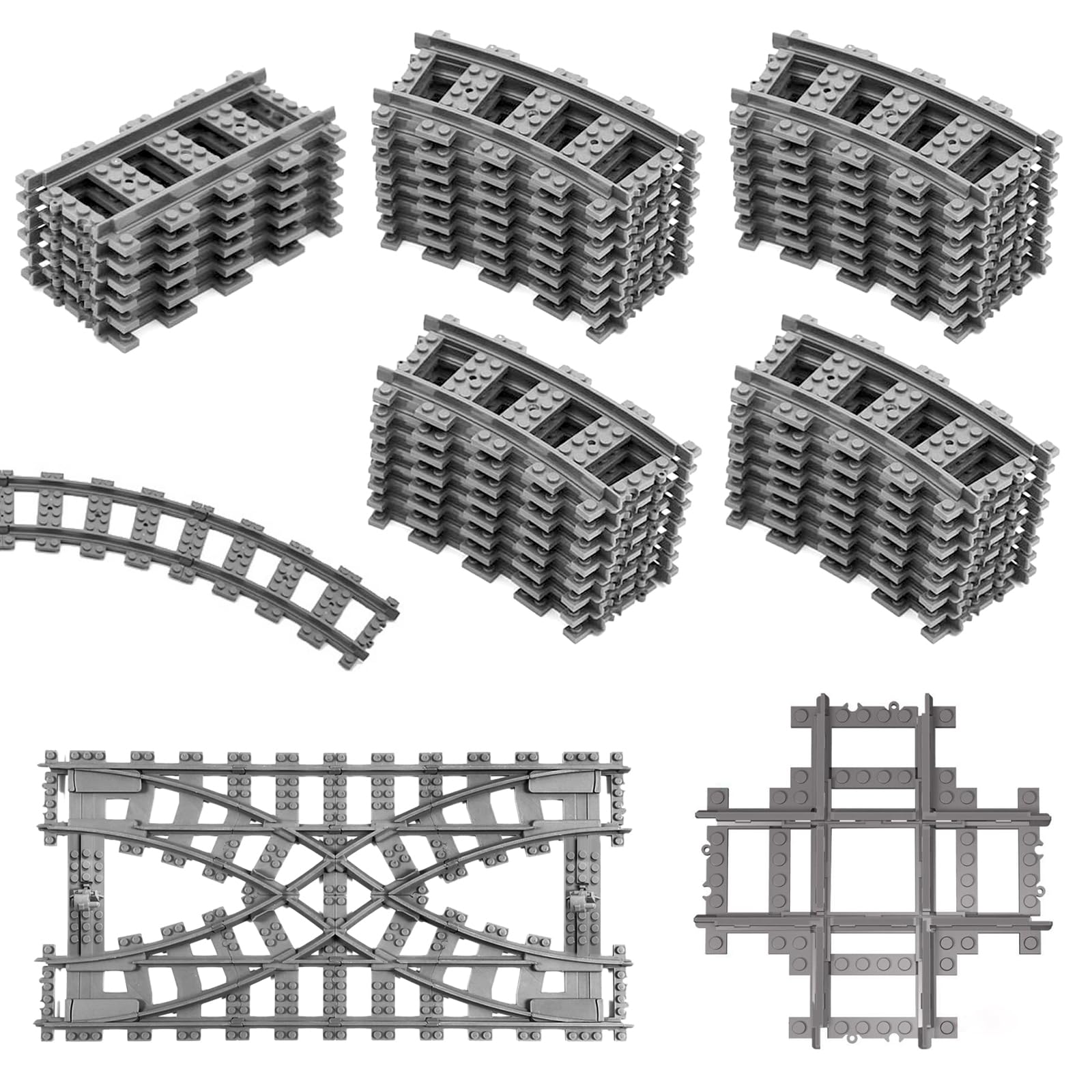 JAOGAUS City Train Tracks - 41PCS Classic Accessories: 6 Straights, 32 Curved, 2 Integral Forks, 1 Integrated Cross Rail
