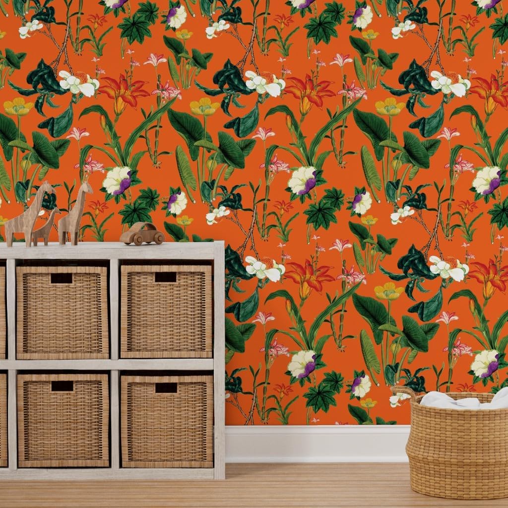 Removable Wallpaper 6ft x 2ft - Vintage Style Botanical Floral Bright Orange Green Flowers Custom Pre-Pasted Wallpaper by Spoonflower