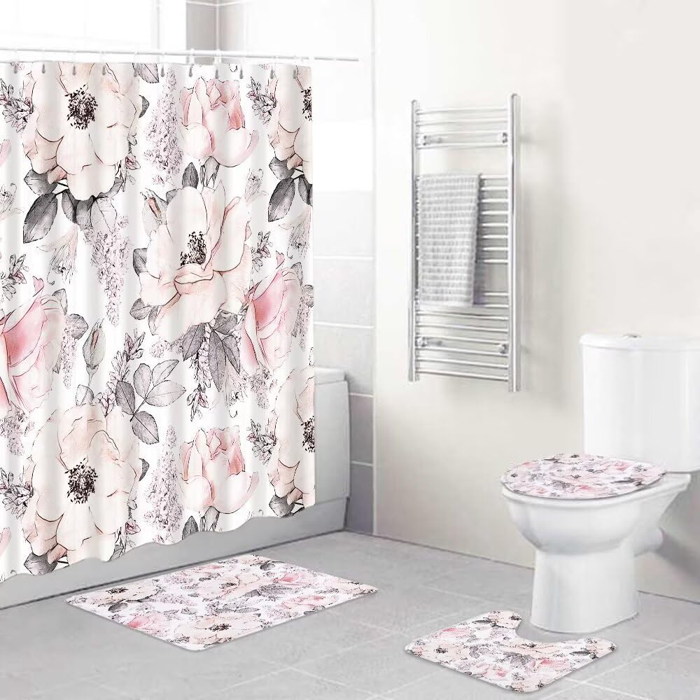 4 Pcs Pink Grey Flower Leaves Shower Curtain Set,Watercolor Retro Blossom Floral Bathroom Sets with Shower Curtain and Non-Slip Rugs,Toilet Lid Cover Bath Cutains for Bathroom with 12 Hooks