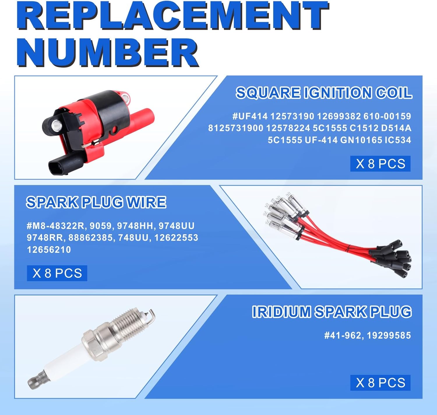 8PCS UF414 Round Ignition Coils Pack & Iridium Spark Plugs & Spark Plug Wires Set Compatible with Chevrolet Corvette Avalanche Silverado 1500 2500 3500 GMC Savana (UF414 red+748UU+41-962)