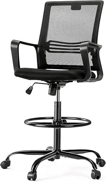 OLIXIS Drafting Chair - Tall Standing Office Desk Chair with Adjustable Foot Ring, Chair with Ergonomic Lumbar Support, Adjustable Height, Breathable Mesh, Darkblack