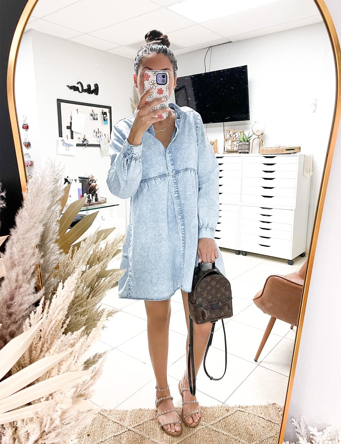 LookbookStore Long Sleeve Denim Dress for Women Jean Dress Button Down Casual Babydoll Denim Shirt Dress - Image 4