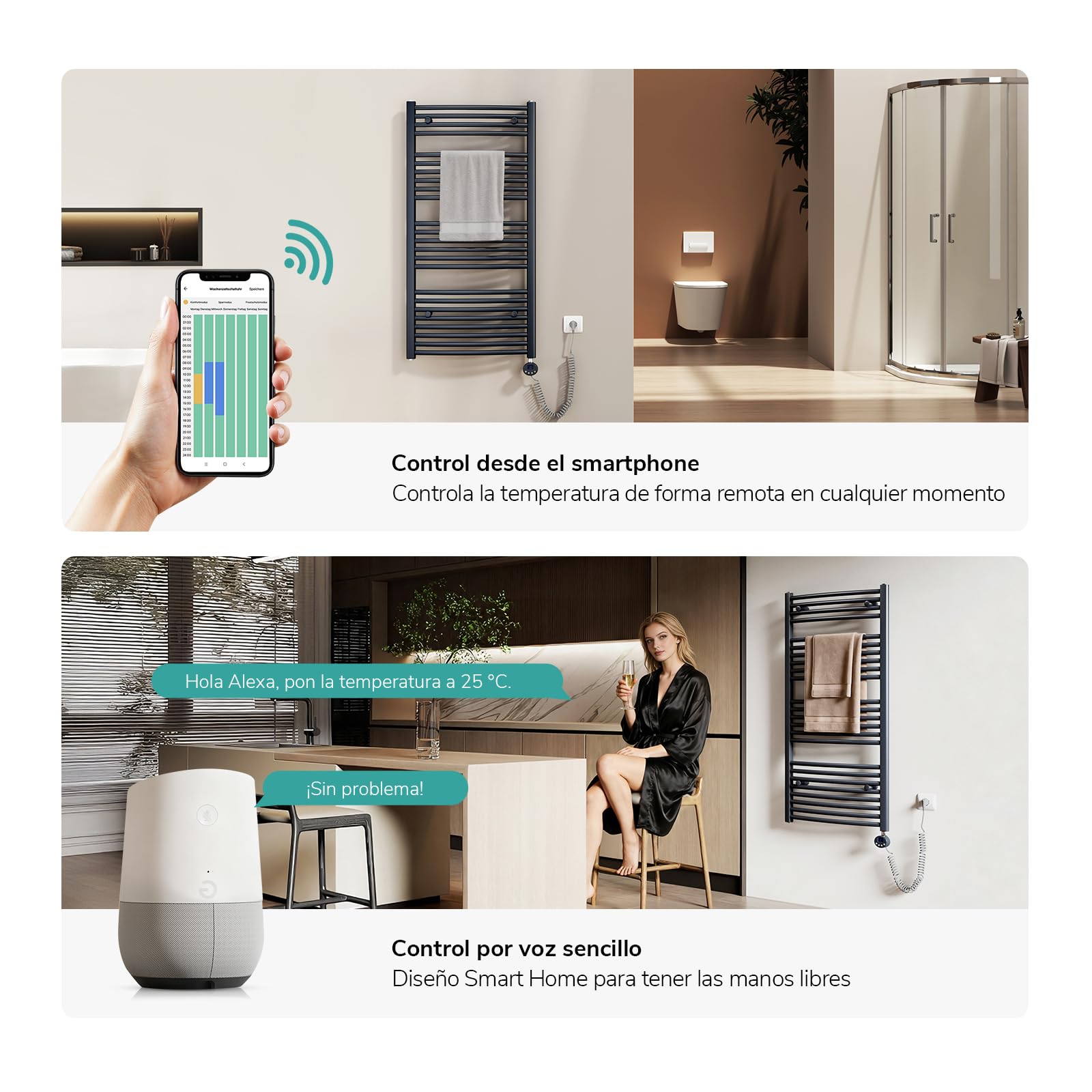 EMKE Radiador Toallero Eléctrico para Baño 75 x 40 cm, Antracita, 250 W | Radiador Curvado con WiFi Termostato, Calientatoallas Eléctrico, Soporte Toallero Eléctrico