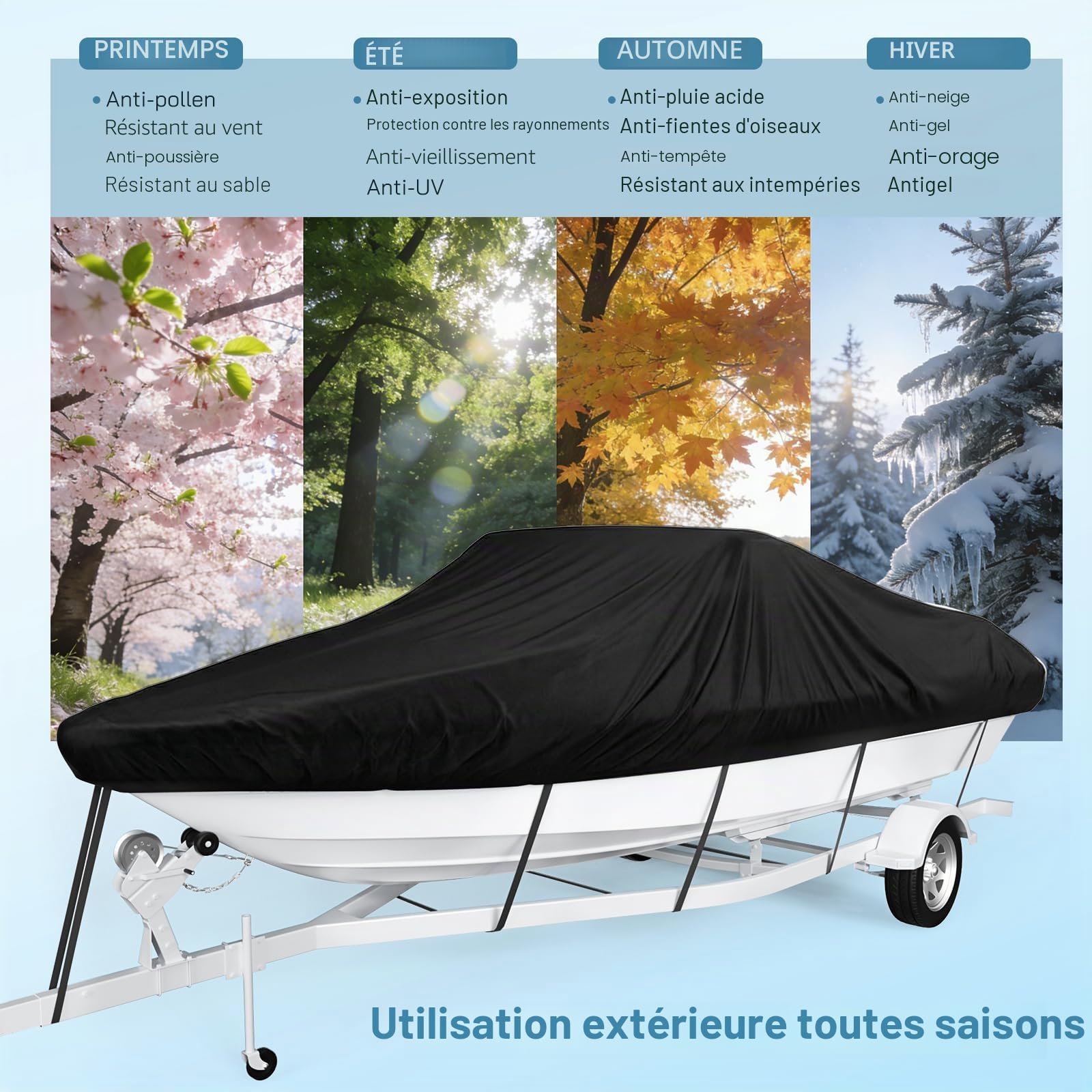 Bâche pour bateau étanche, Bâche de bateau 420D Oxford, Bâche pour bateau étanche à la poussière et résistante aux UV pour yacht, bateau rapide, bateau de pêche, coque en V, bateau à rames (4,27-4,88