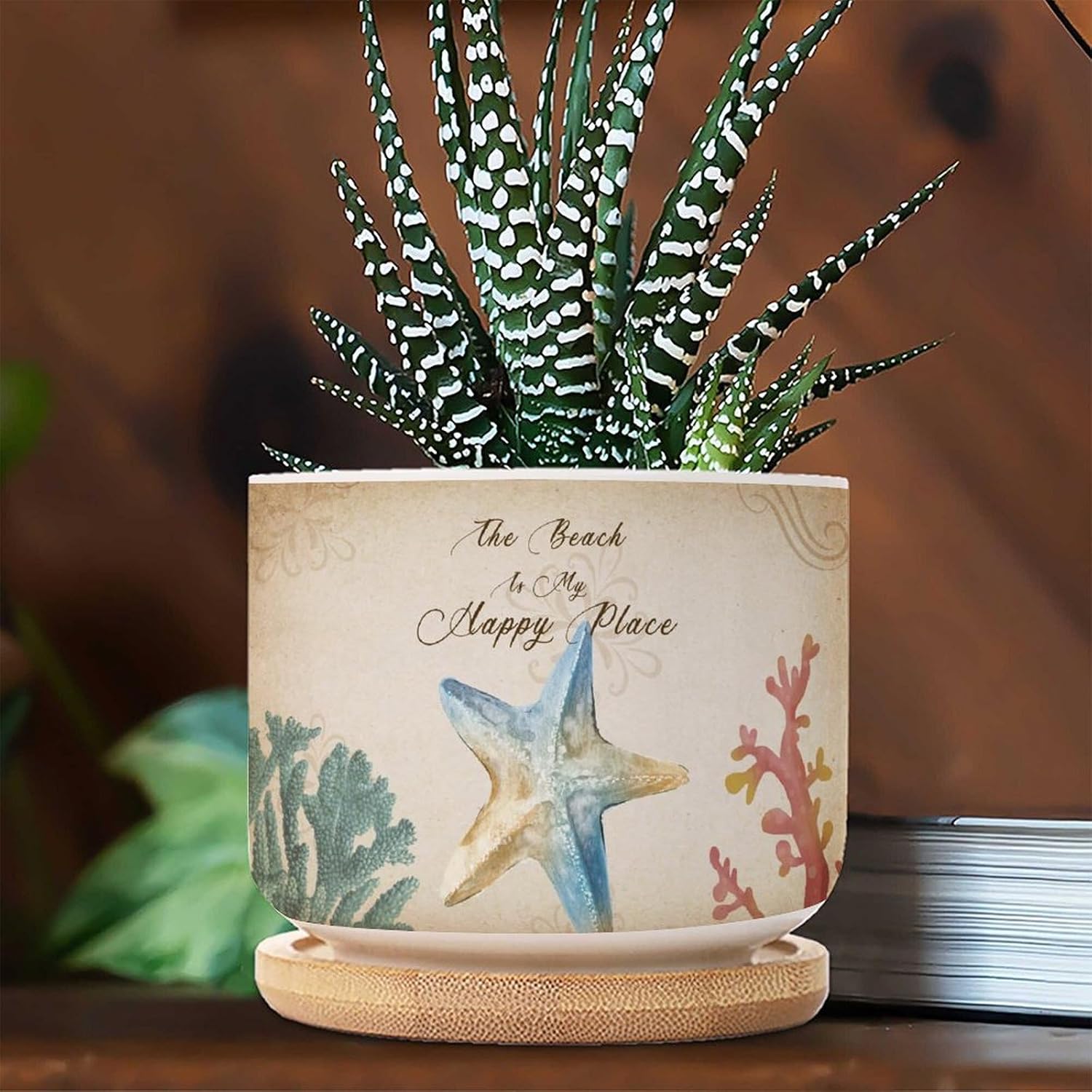 Retro Ocean Animal Starfish Ceramic Pots for Plants Set of 3 Ocean Decor Nautical Flower Pot for Indoor with Drainage Bamboo Trays Small Ceramic Pots for Plants Housewarming Gift
