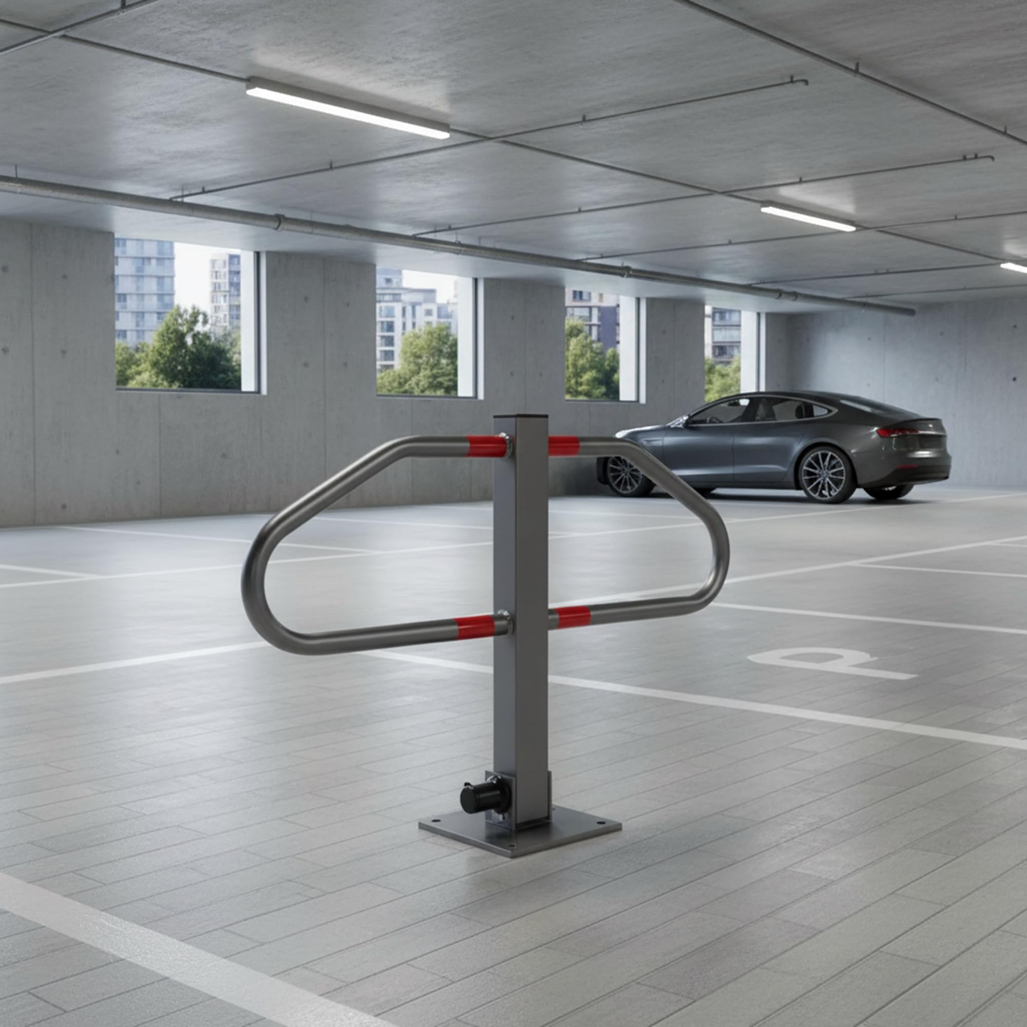 Mucola Parkplatzbügel T-Form Parksperre Grau Rot – Parkplatzsperre klappbar abschließbar 65cm breit | Robuster Stahl verzinkt, Parkbügel Sperrpfosten für Stellplatz Einfahrt Parkplatz Garage