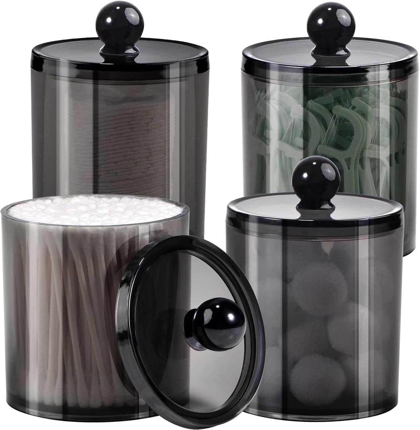 SWIUKPHEVanity Countertop Canister Jars 4 Pack, Plastic Acrylic Bathroom with Storage Lid, Apothecary Jars cotton swab Holder Makeup Organizer for Cotton Balls, Swabs, Pads, Bath Salts (Black, 12 Oz)