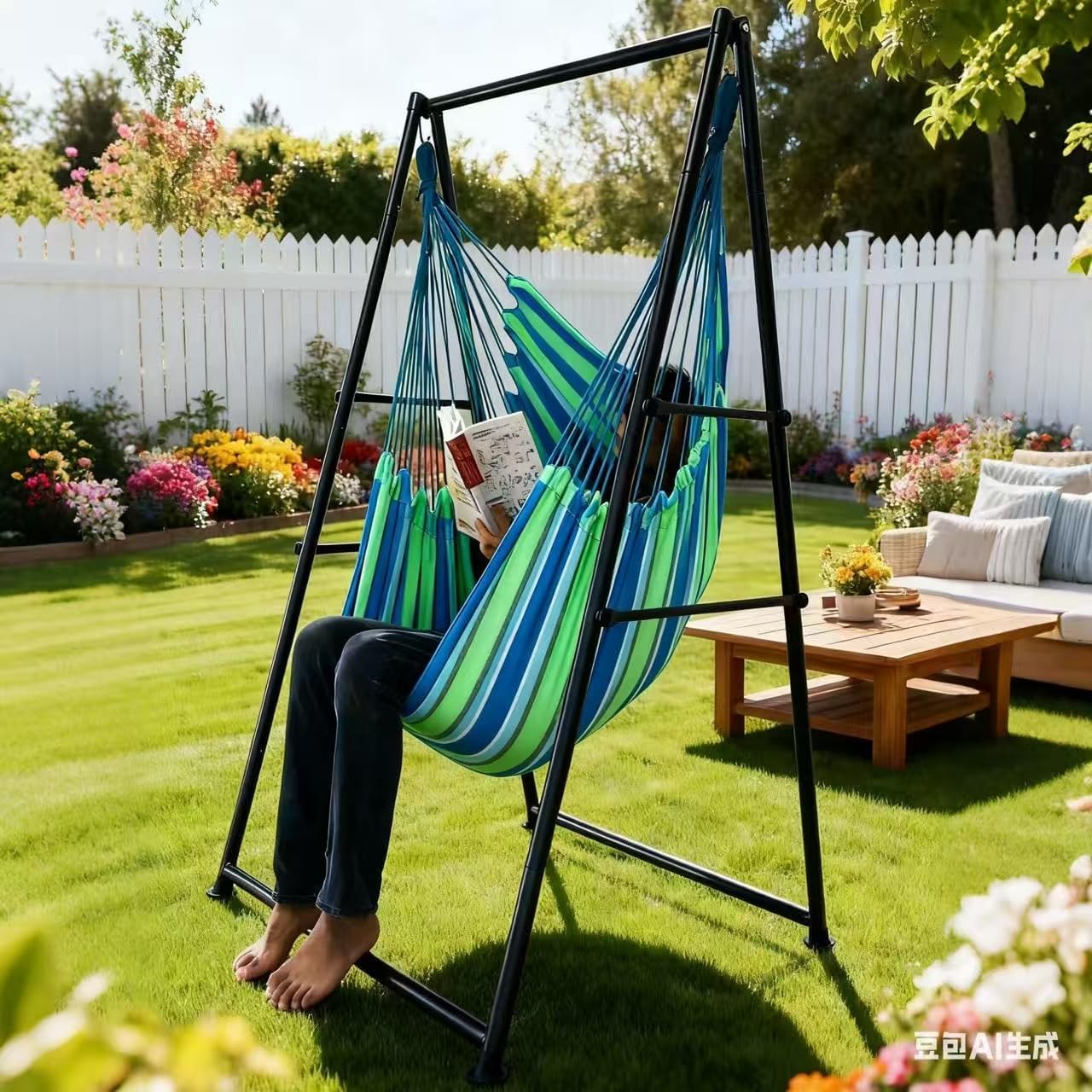 Hammock Chair Stand with X-Large Swing Chair with Footrest，Anti-Tip Thickened Weather-Resistant Iron Pipe Swing Frame, 450Lbs Stand Capacity Quick Assembly for Indoor Outdoor (Green Stripe)