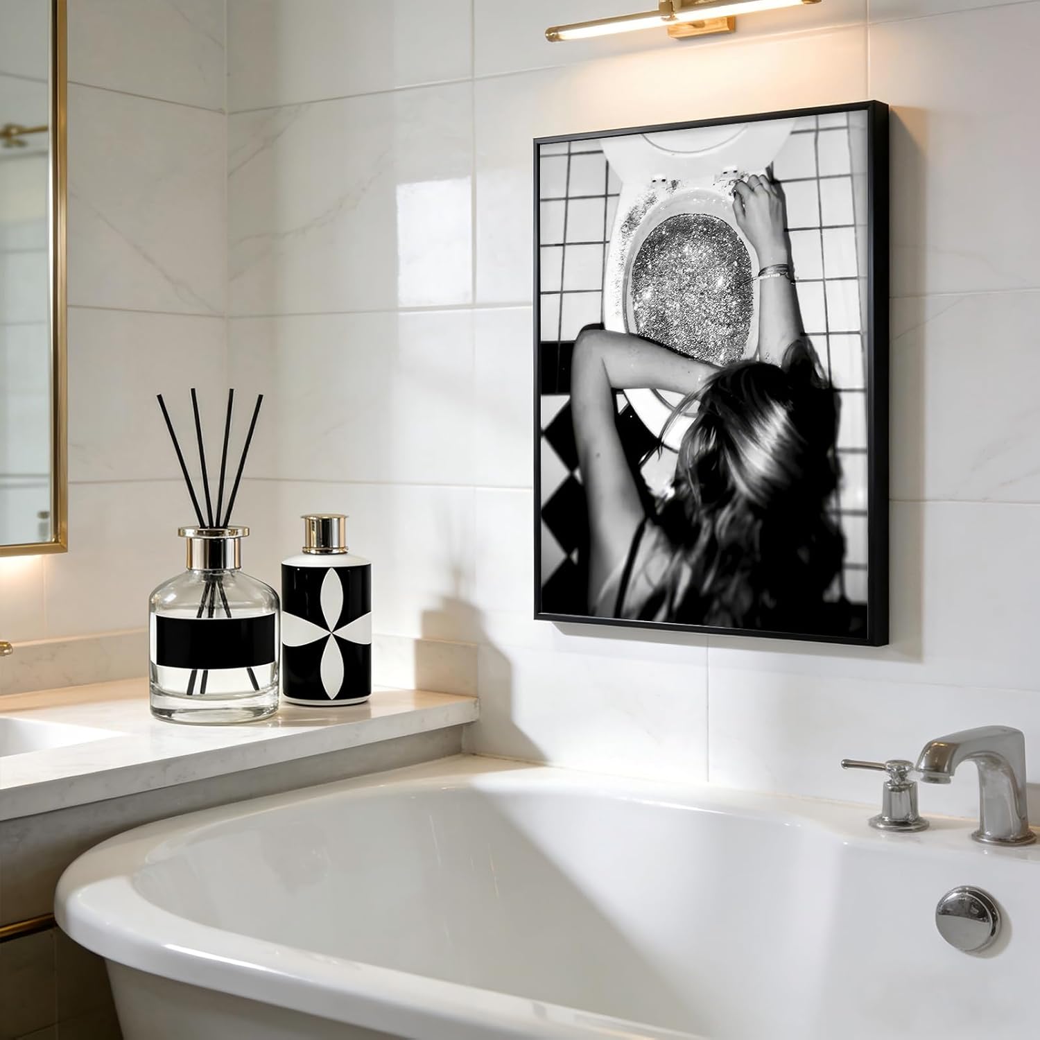 Framed Trendy After the Disco Party Canvas Wall Art Fashion Luxury Women Picture Wall Decor Black and White Feminist Bathroom Poster Print for Girl Bedroom Dorm Home Decoration 16x24in
