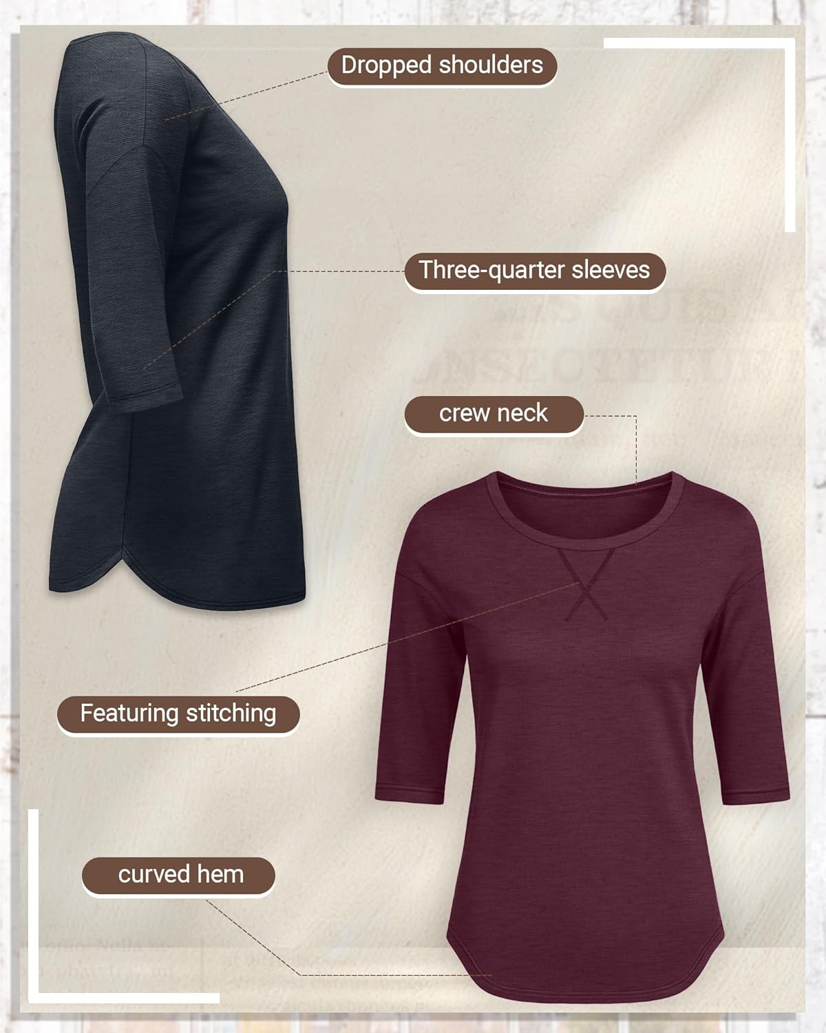 Riyiper 3 Pack Women's 3/4 Sleeve Cotton Tunic Tops Round Neck Drop Shoulder Loose Shirts Curved Hem Side Split Basic Tee(Black, Haze Blue, Fuchsia,Medium) - Image 7