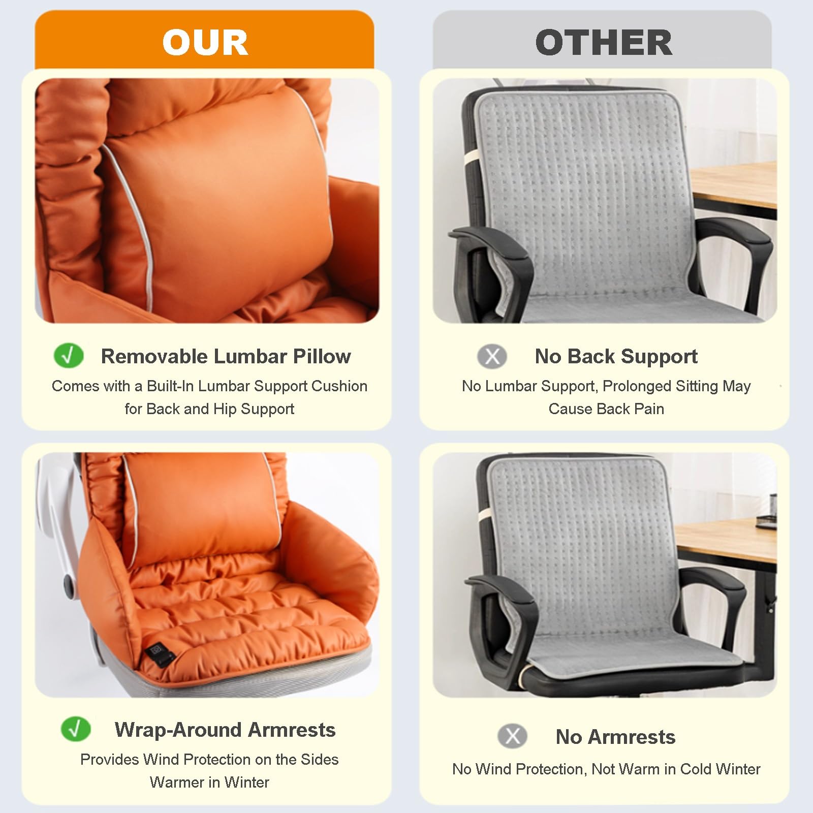 Sitzheizung Bürostuhl mit Lendenwirbelstütze, Sitzheizung für Stühle und Rückenlehnen für das Büro mit Dreistufiger Temperatureinstellung für Zuhause(Orange)