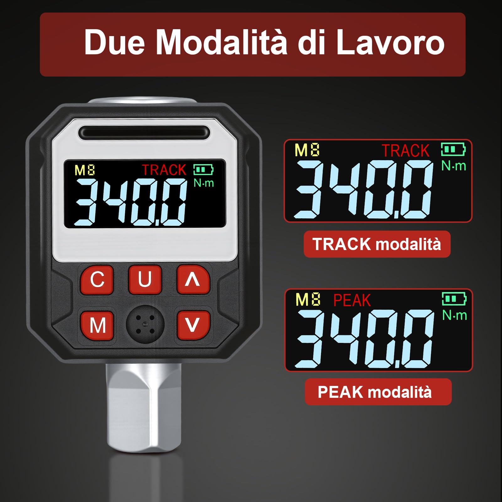 Adattatore Chiave Dinamometrica Digitale, 1/2" Chiave a Coppia Momento con Precisione ±2%, Display LED e Suoneria, Inclusi Adattatori 3/8" e 1/4", per Bici, Moto e Auto (17-340Nm)