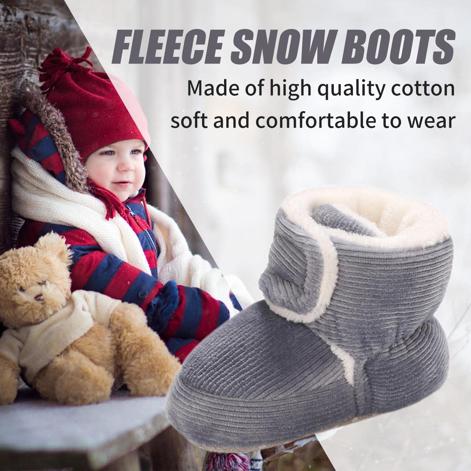 Baby Winter Warm Fleece Bootie, Newborn Non-Slip Soft Sole Winter Shoes Sock Shoes Cute Adjustable Crawling Shoes Prewalker Boots for Girls Boys Toddler 0-18 Months — view 6